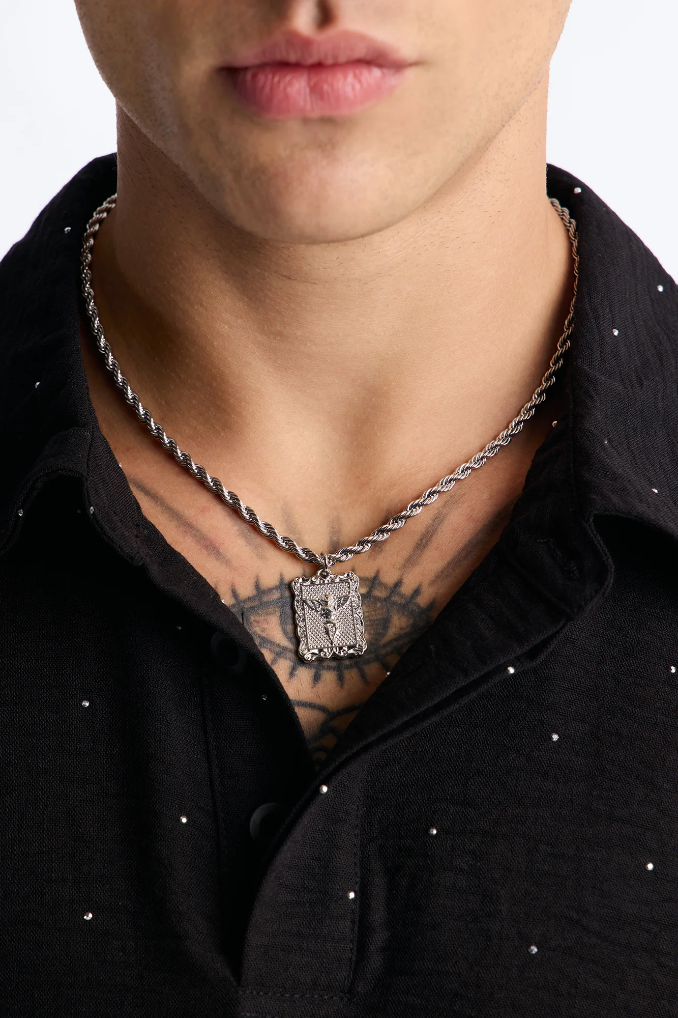 Angel Pendant Rope Chain Necklace - Silver