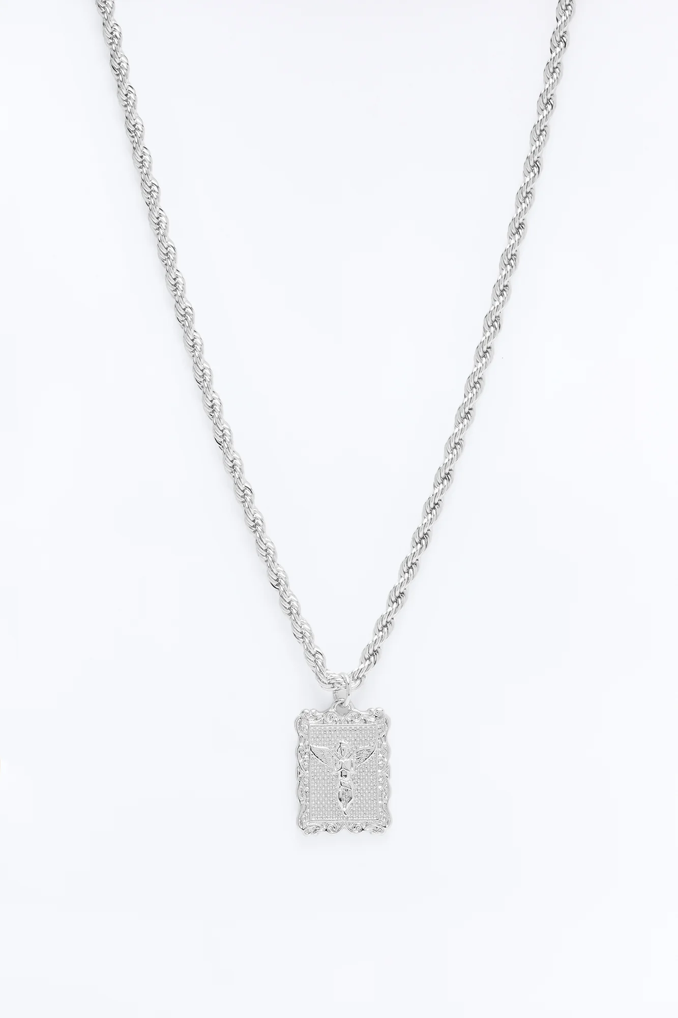 Angel Pendant Rope Chain Necklace - Silver - Image 3
