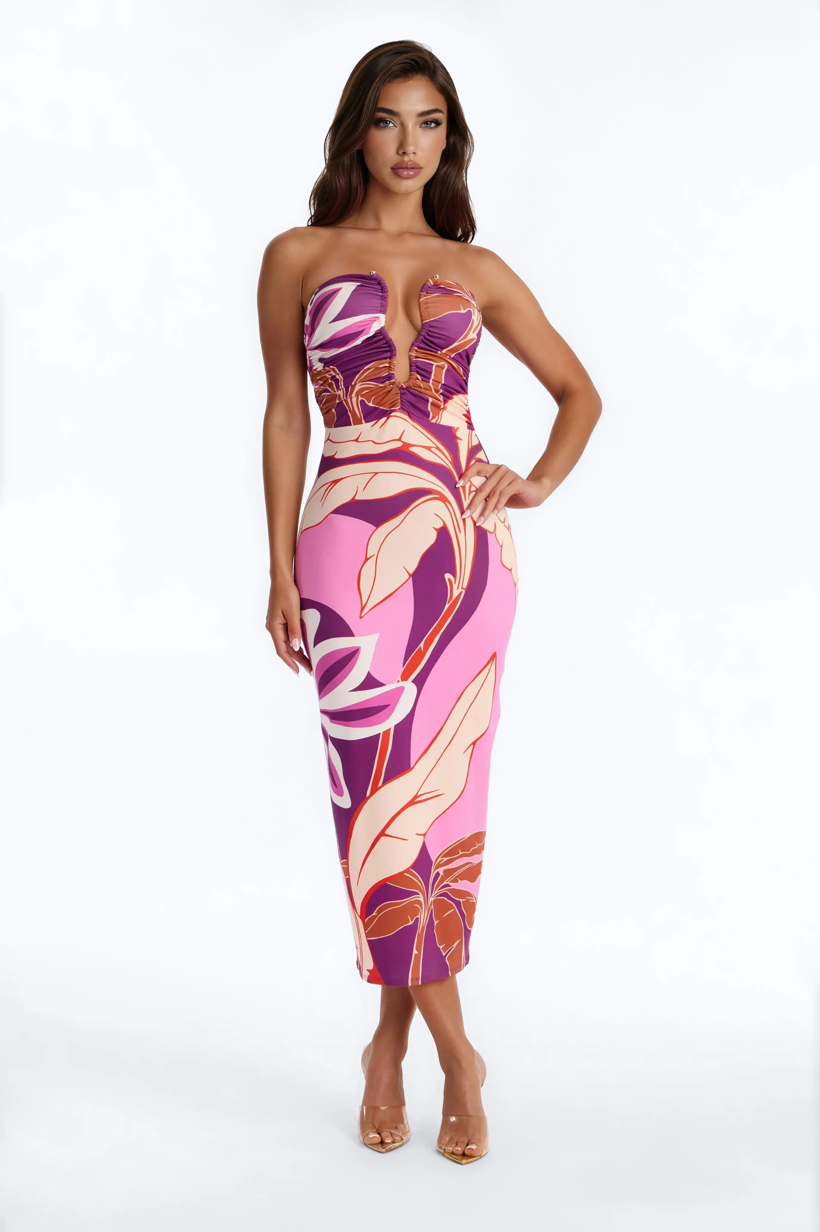 Angelica Printed Ruched Midi Dress - Purple/combo