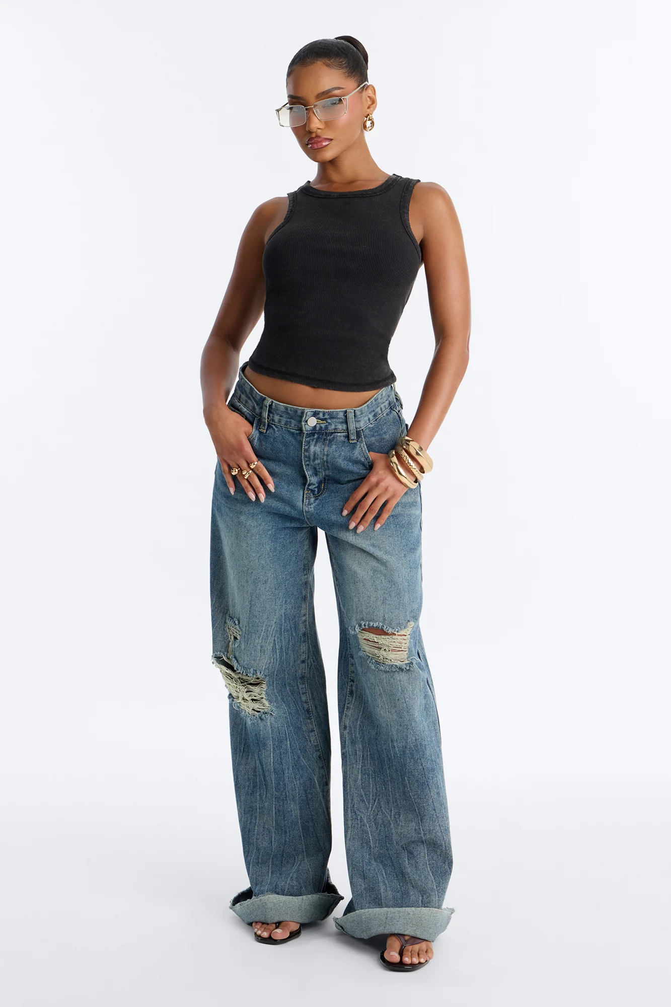 Annie Acid Washed Ribbed Crew Neck Tank Top - Black - Image 2