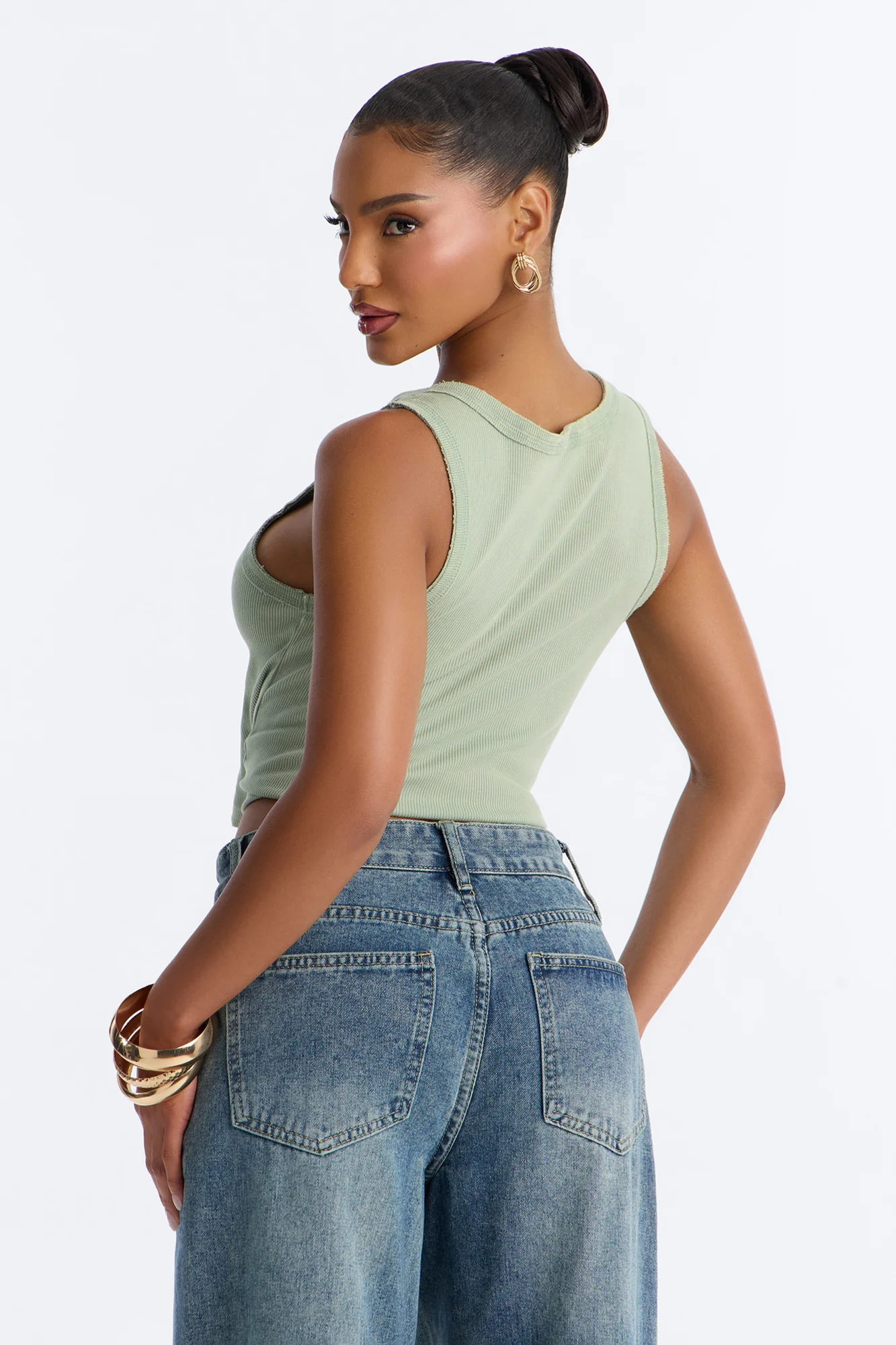 Annie Acid Washed Ribbed Crew Neck Tank Top - Sage - Image 4