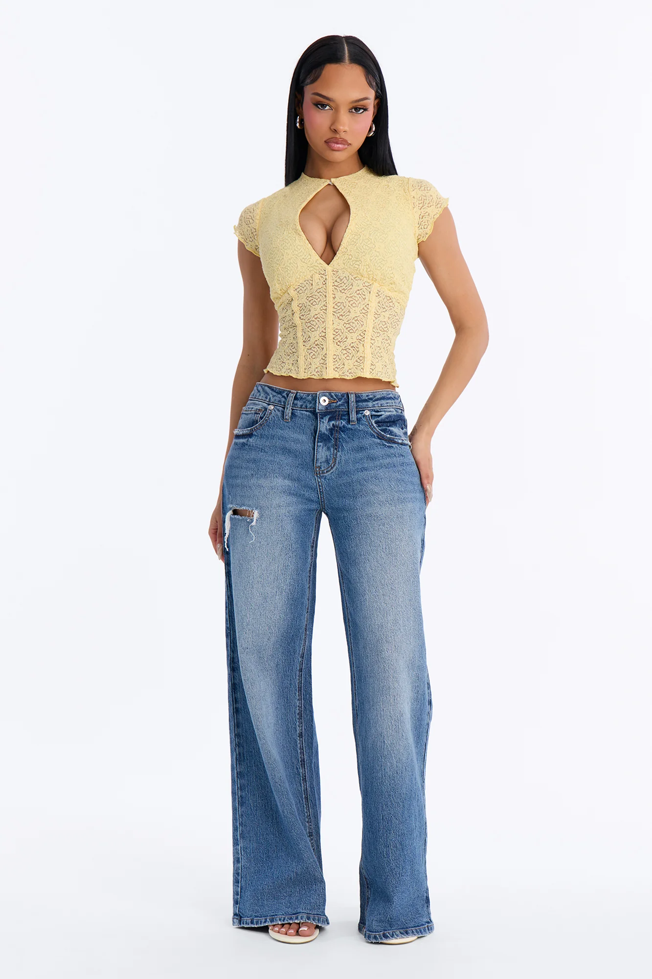 Annie Cut Out Lace Short Sleeve Top - Butter Yellow - Image 2