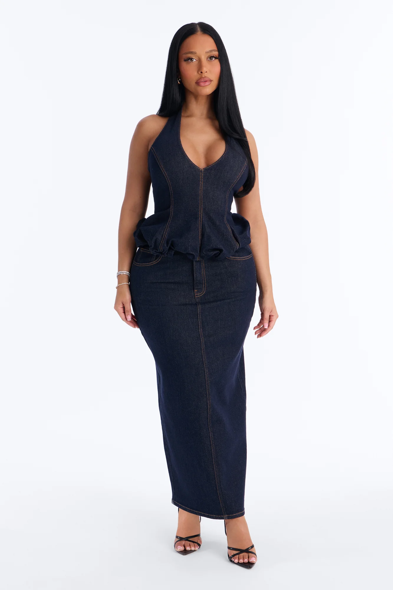Annika Peplum Maxi Skirt Set - Dark Wash