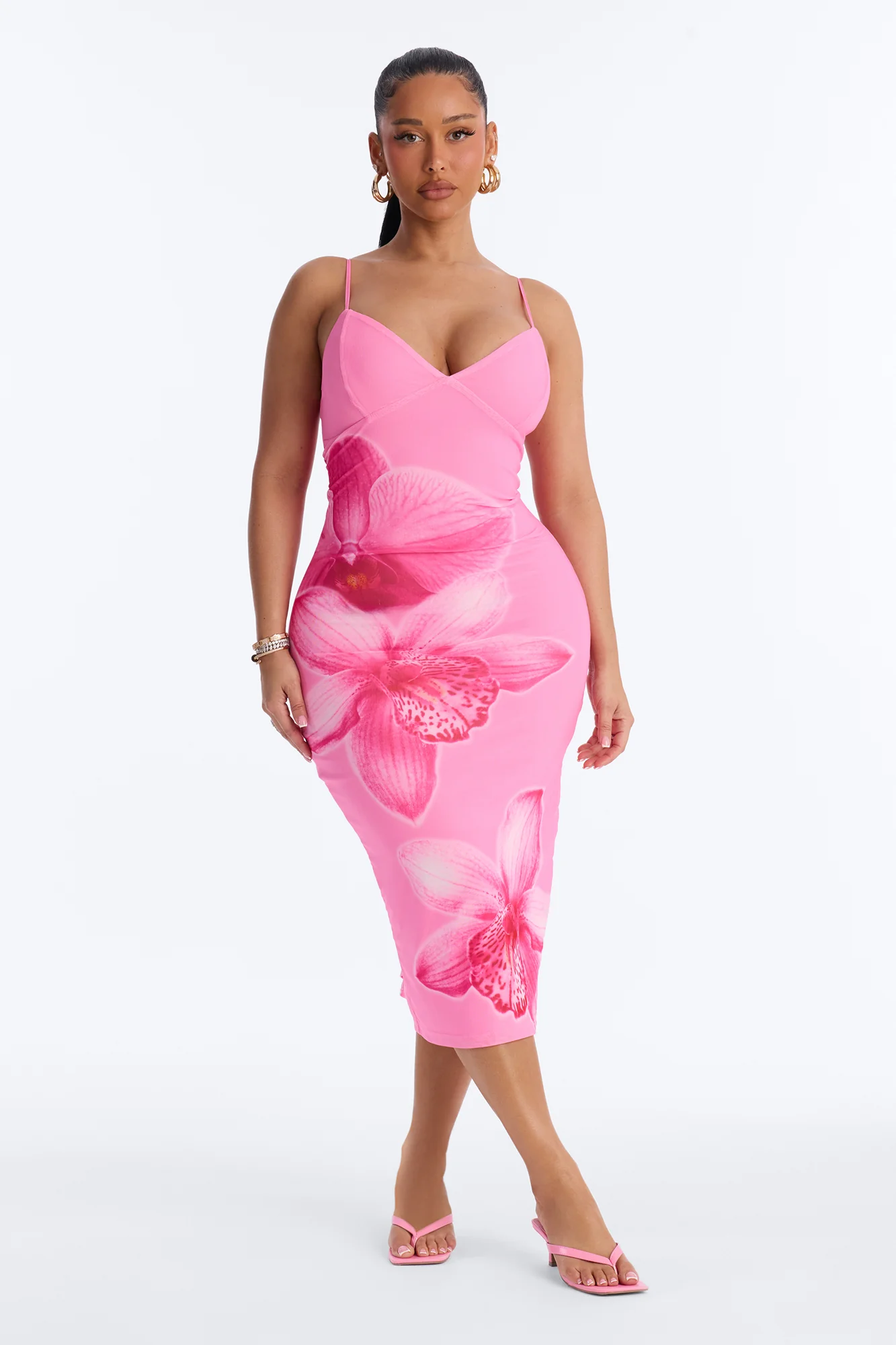 Ansley Floral Mesh Midi Dress - Pink