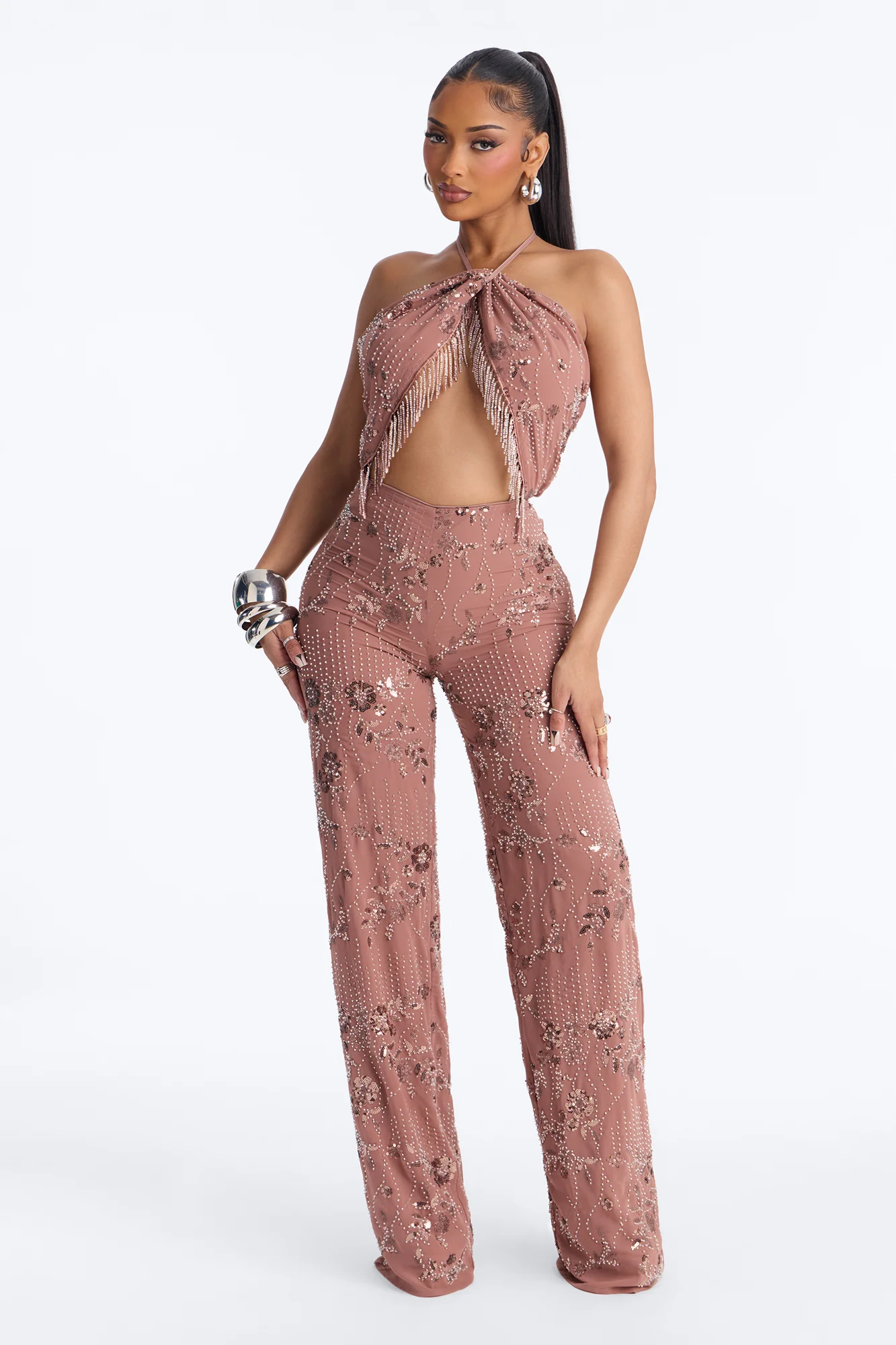 Anya Embellished Chiffon Jumpsuit - Chocolate