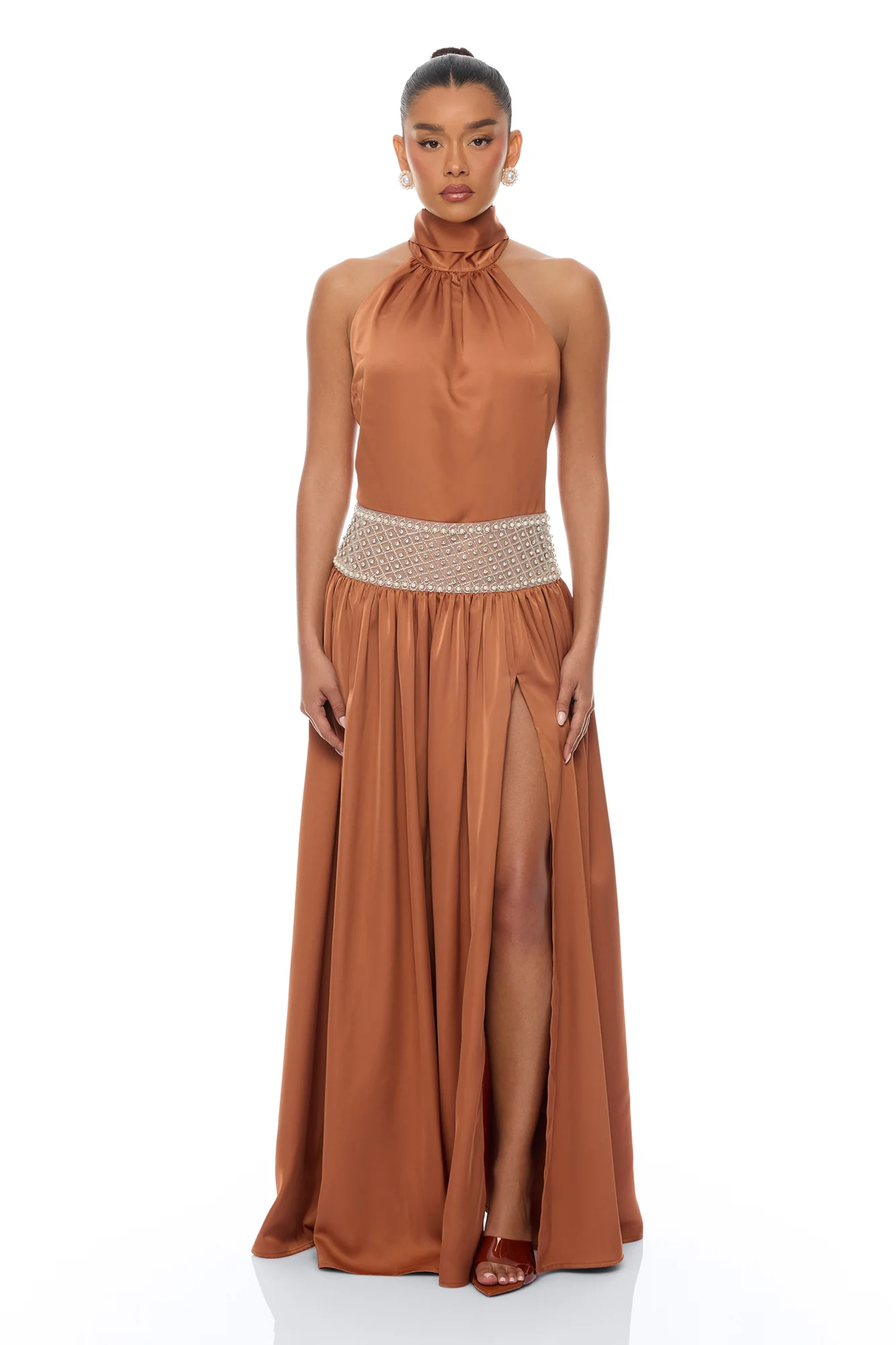 Anya Embellished Satin Maxi Dress - Bronze