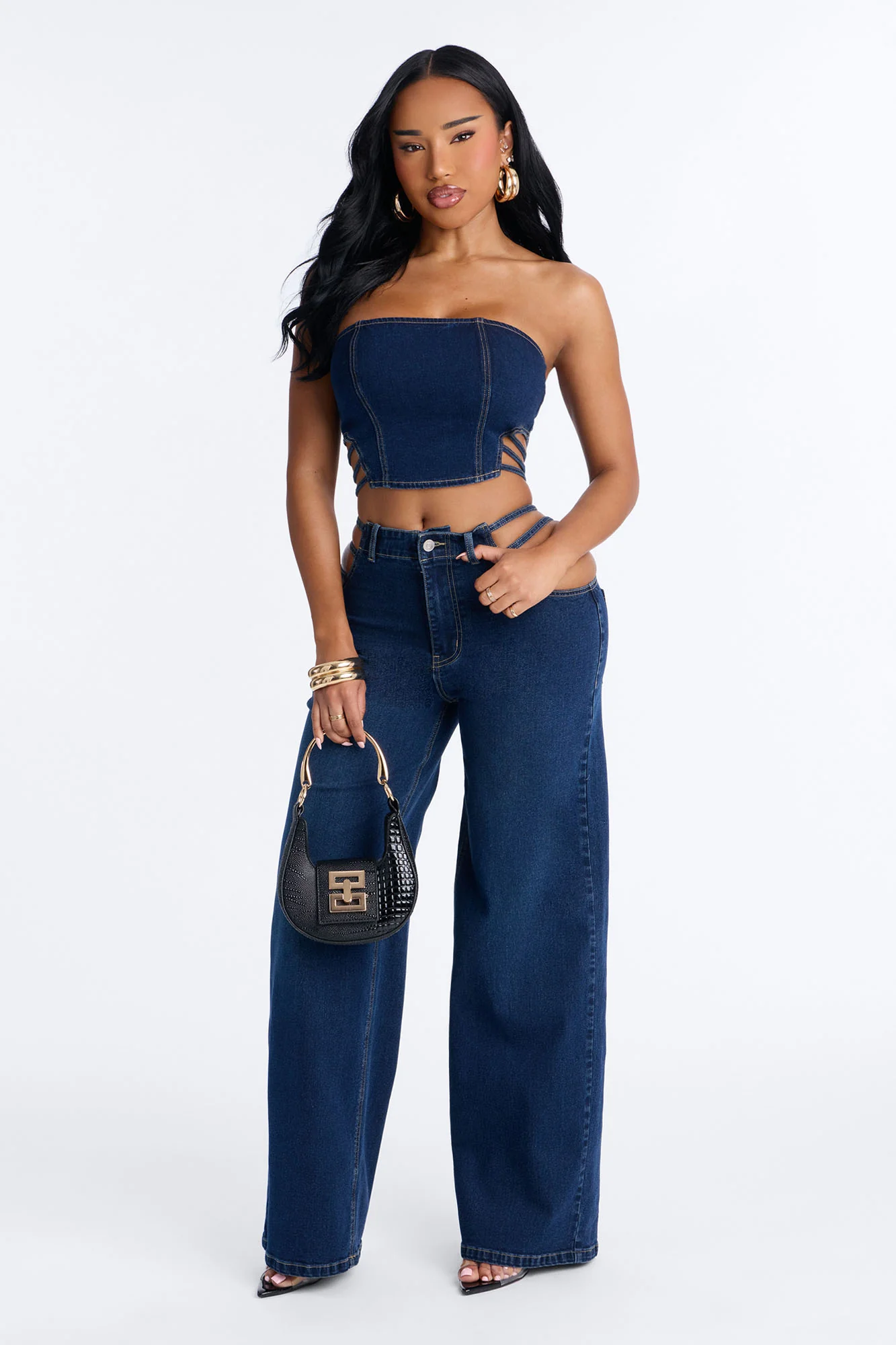 Arazia Denim Cut Out Pant Set - Dark Denim
