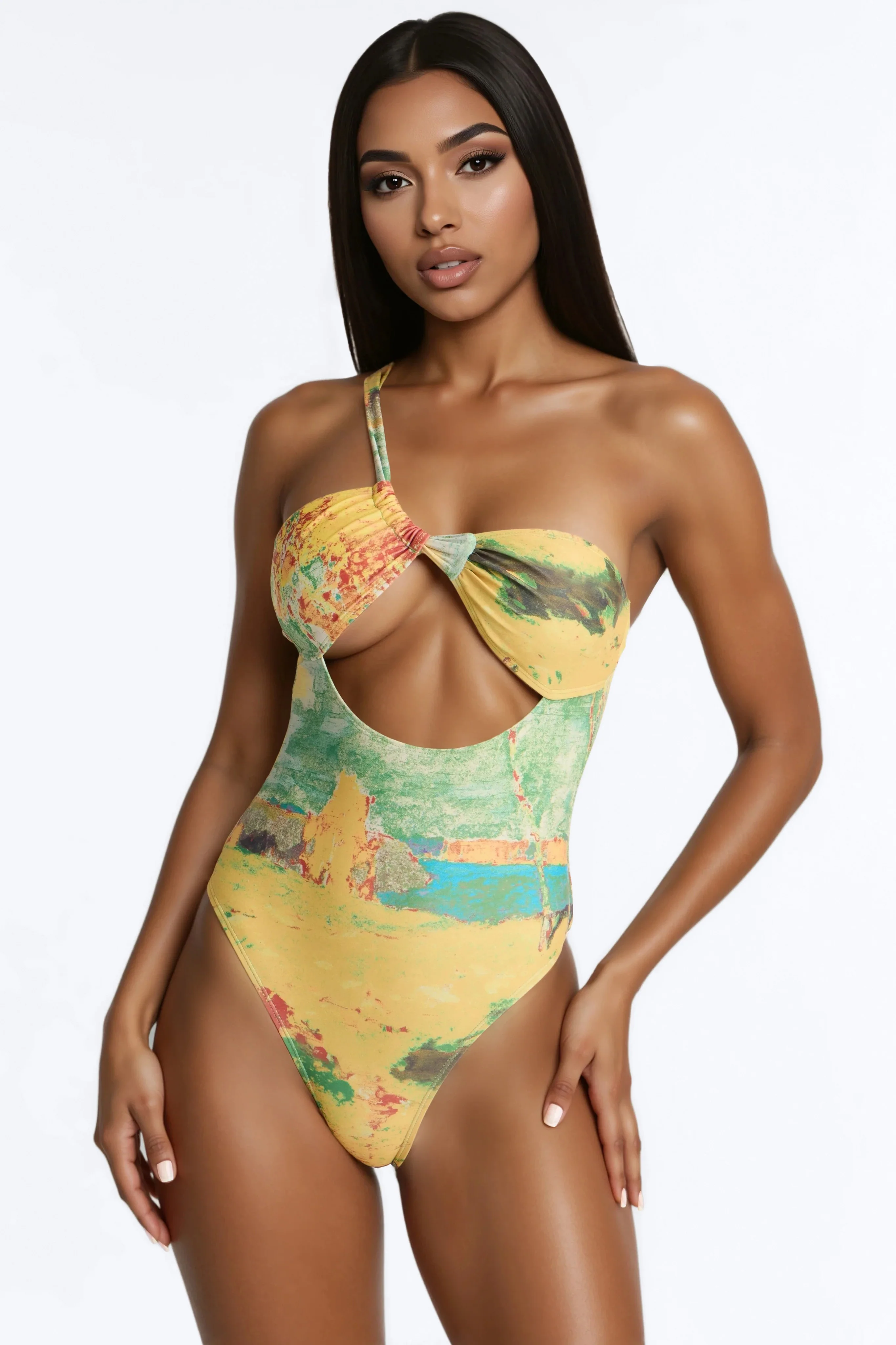 Areli Abstract One shoulder Cut Out 1 Piece Swimsuit & Sarong Set - Green/combo - Image 2