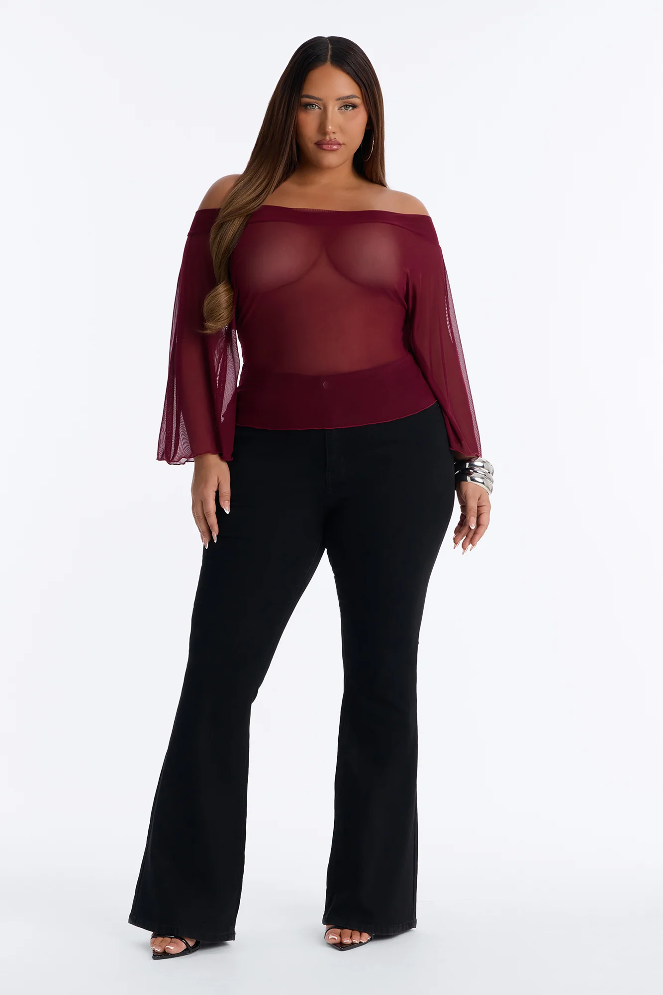 Aria Off Shoulder Mesh Long Sleeve Top - Burgundy - Image 2