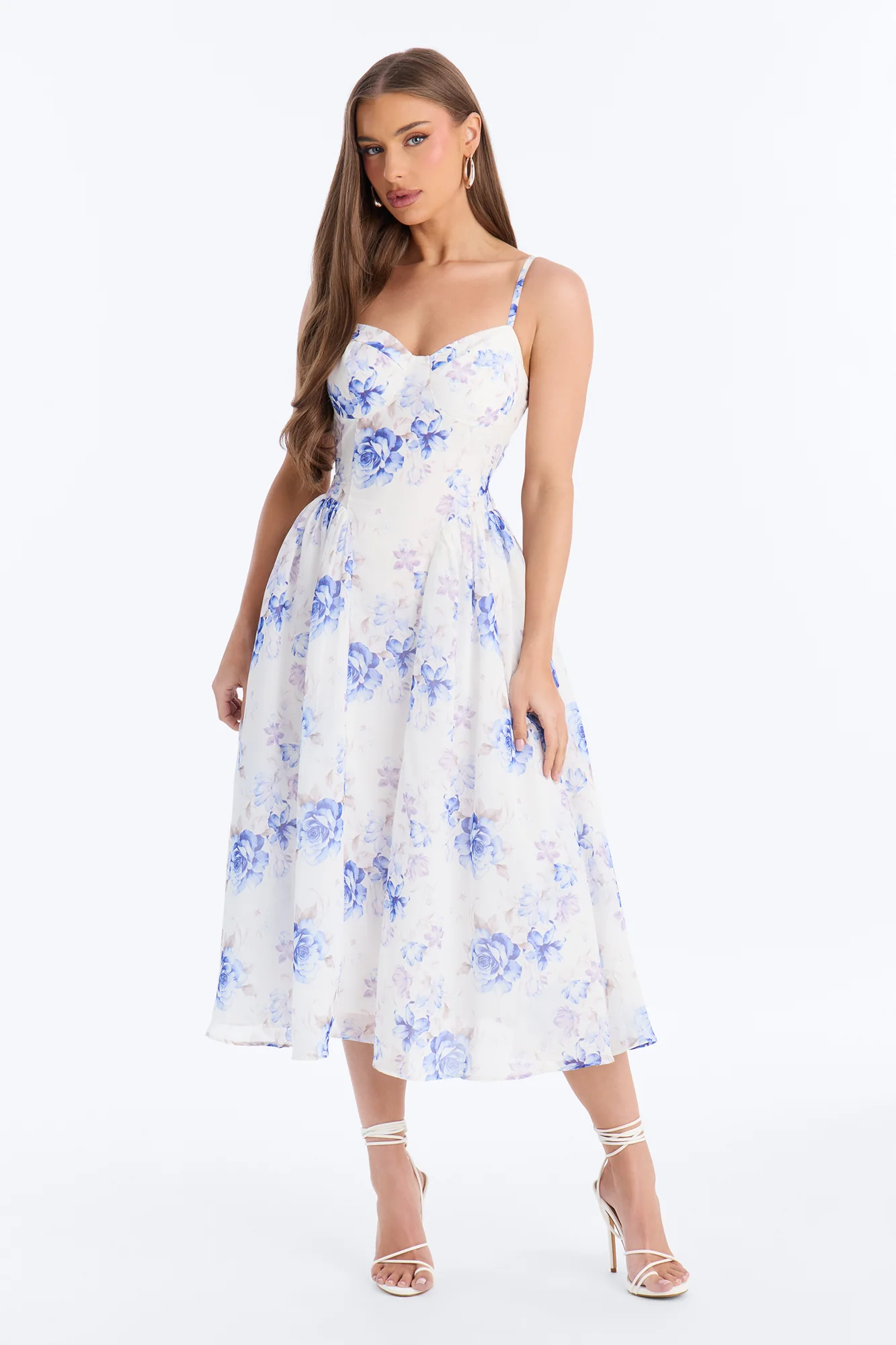 Ariana Floral Chiffon Midi Dress - White/Blue