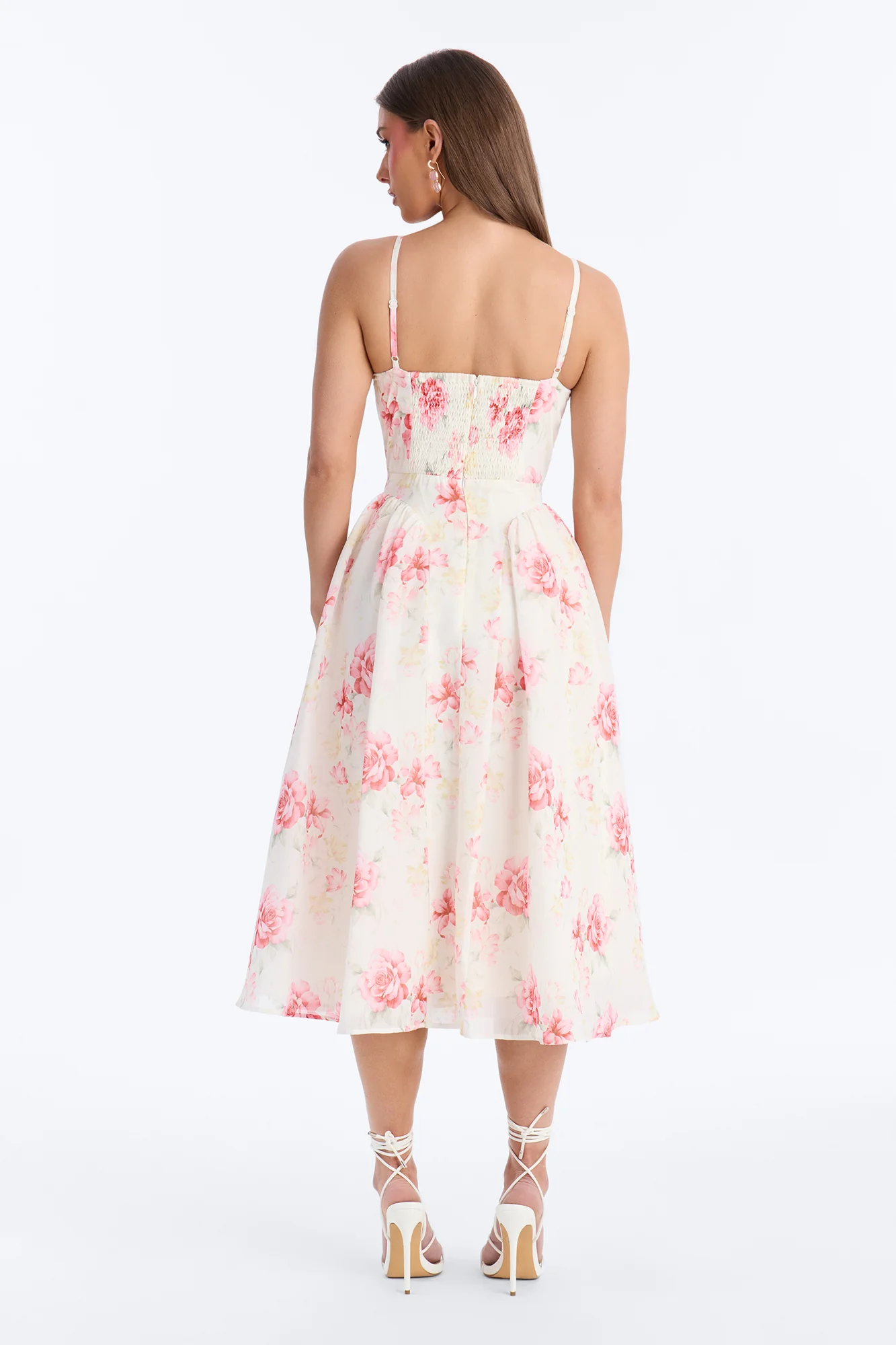 Ariana Floral Chiffon Midi Dress - White/Pink - Image 3