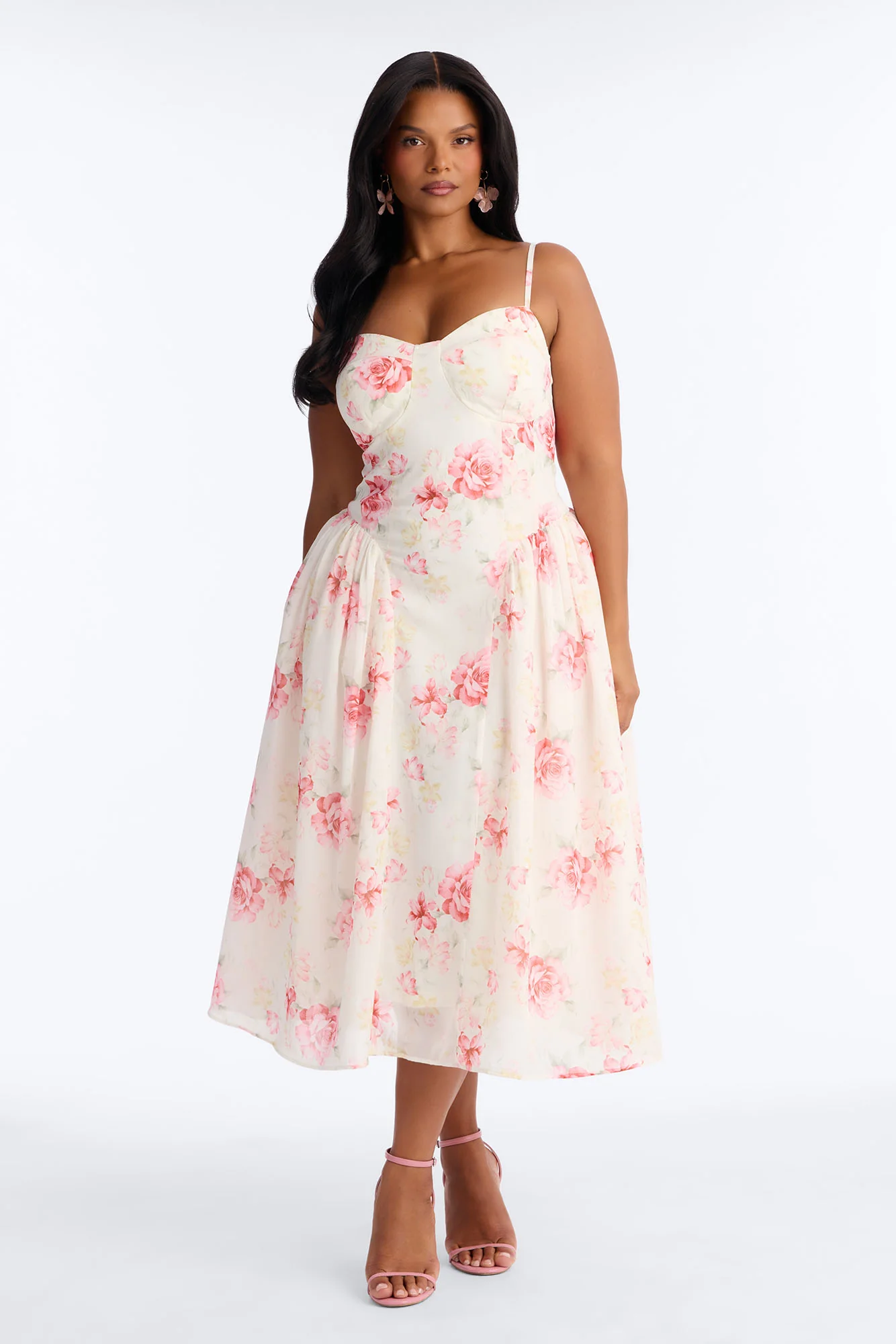 Ariana Floral Chiffon Midi Dress - White/Pink - Image 4