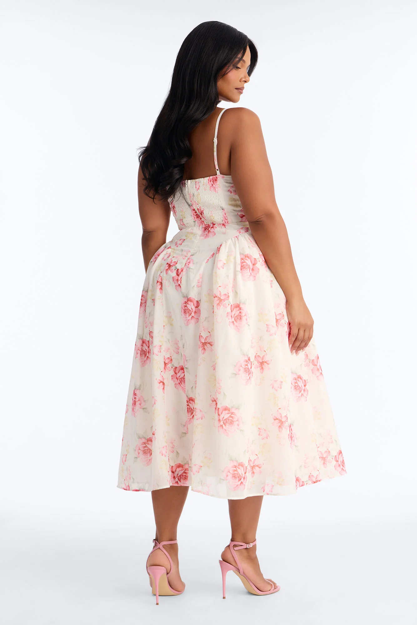 Ariana Floral Chiffon Midi Dress - White/Pink - Image 7