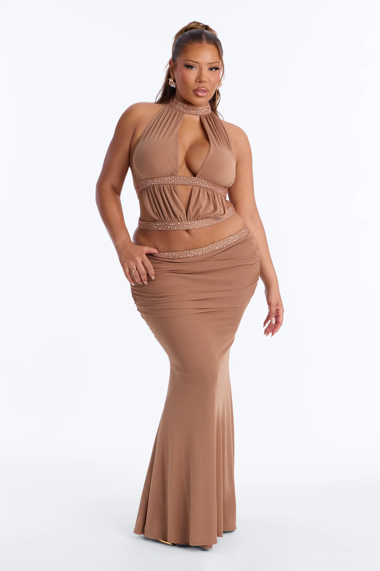 Ariella Embellished Cut Out Skirt Set - Mocha - Image 5