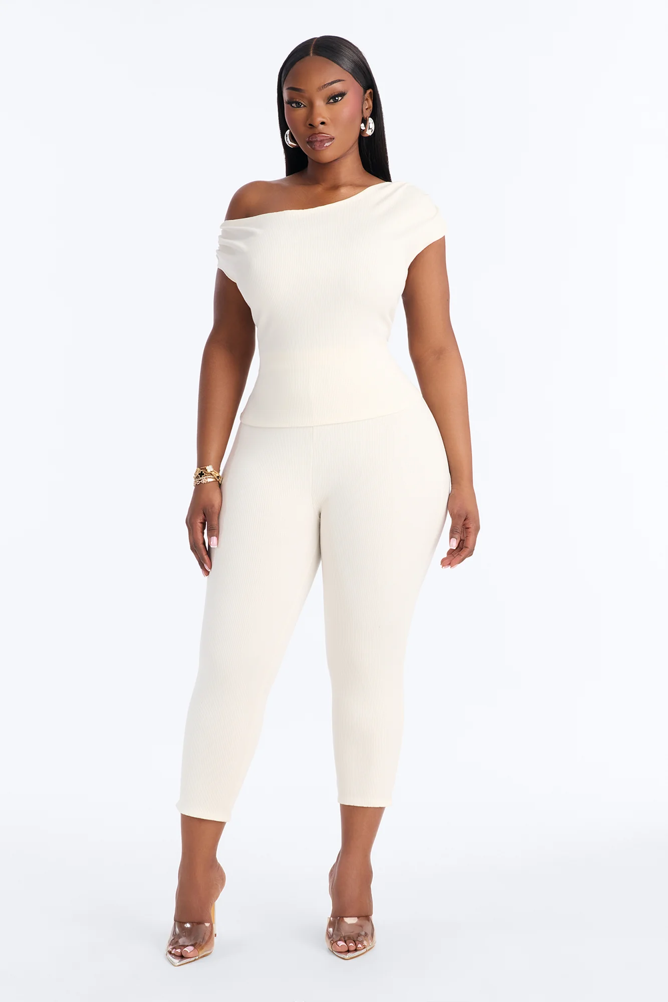 Ariella Off Shoulder Snatched Capri Set - Off White - Image 5