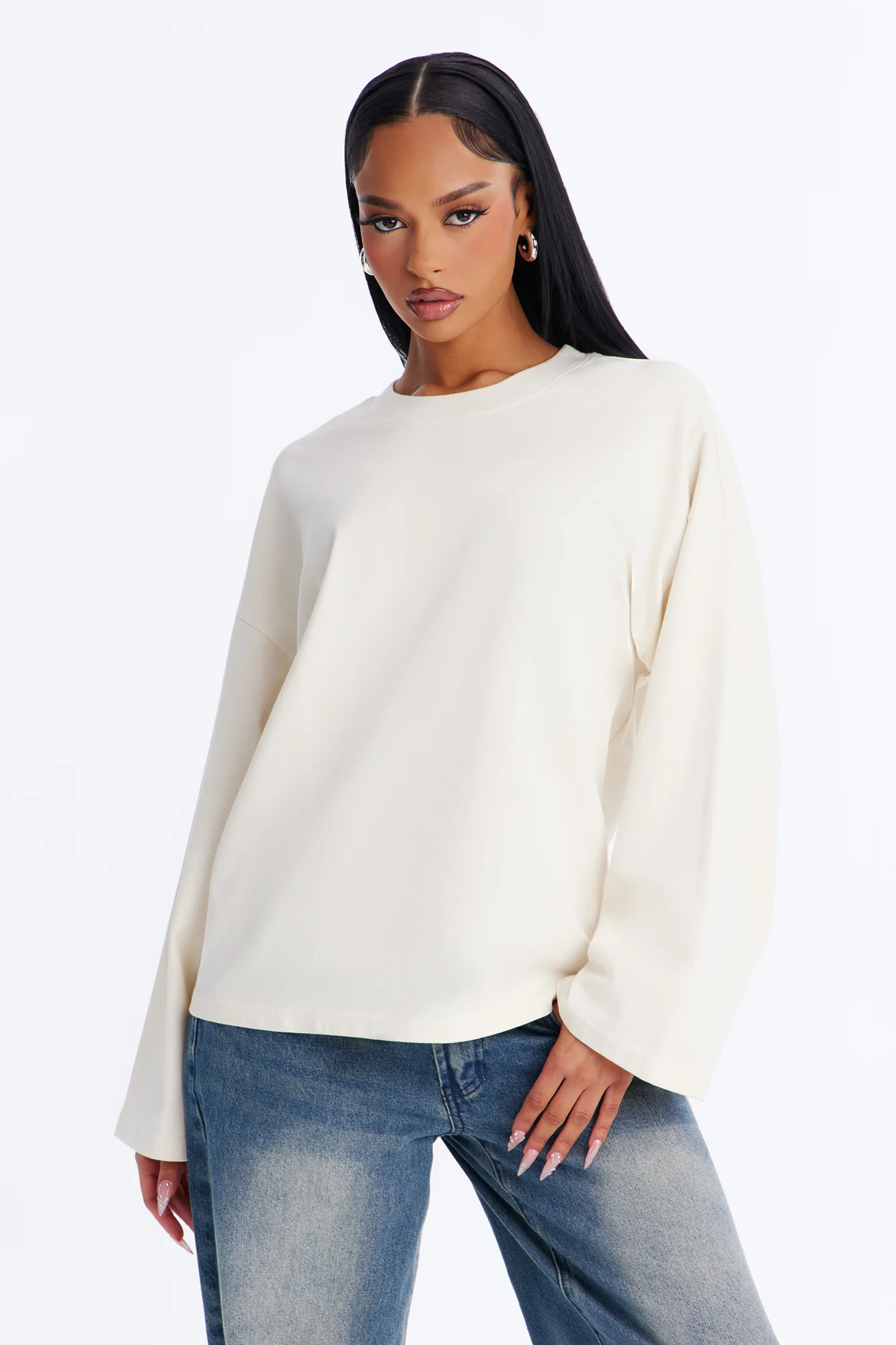 Arissa Crew Neck Long Sleeve Oversized T-Shirt - Cream