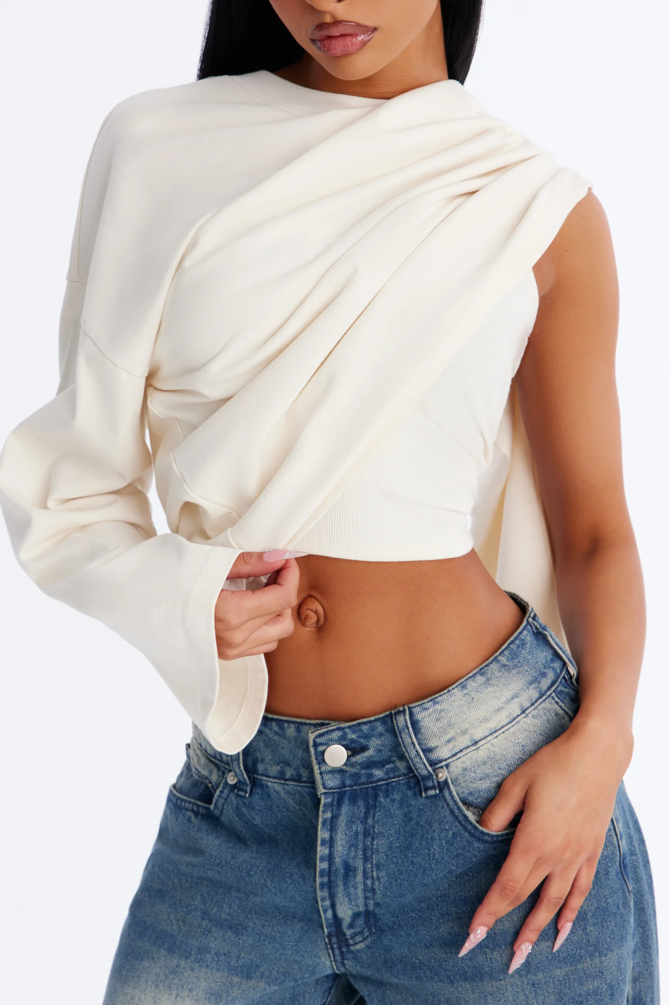 Arissa Crew Neck Long Sleeve Oversized T-Shirt - Cream - Image 3