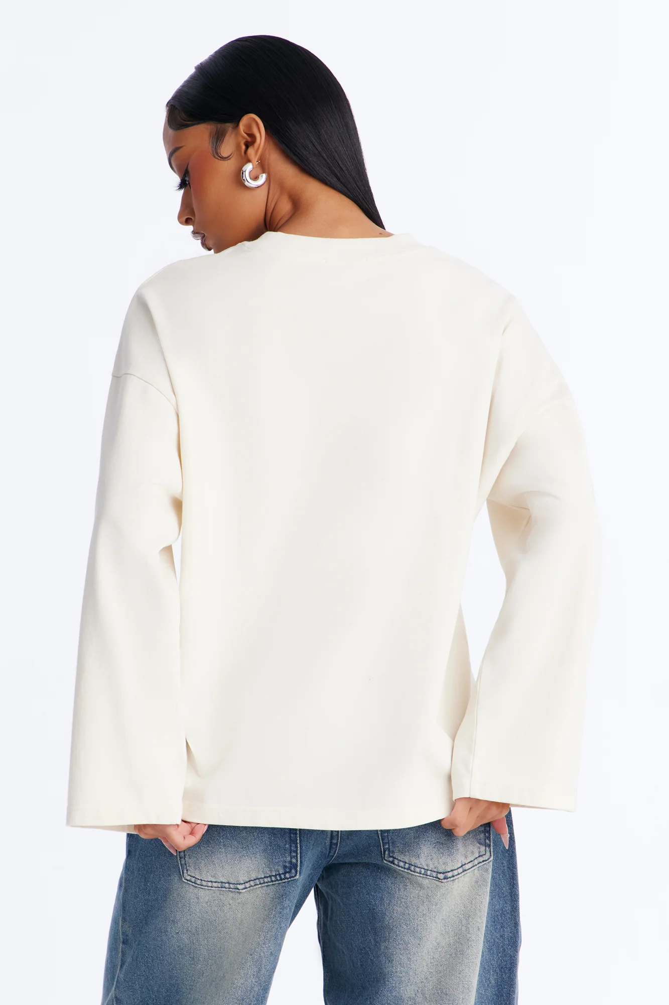 Arissa Crew Neck Long Sleeve Oversized T-Shirt - Cream - Image 4
