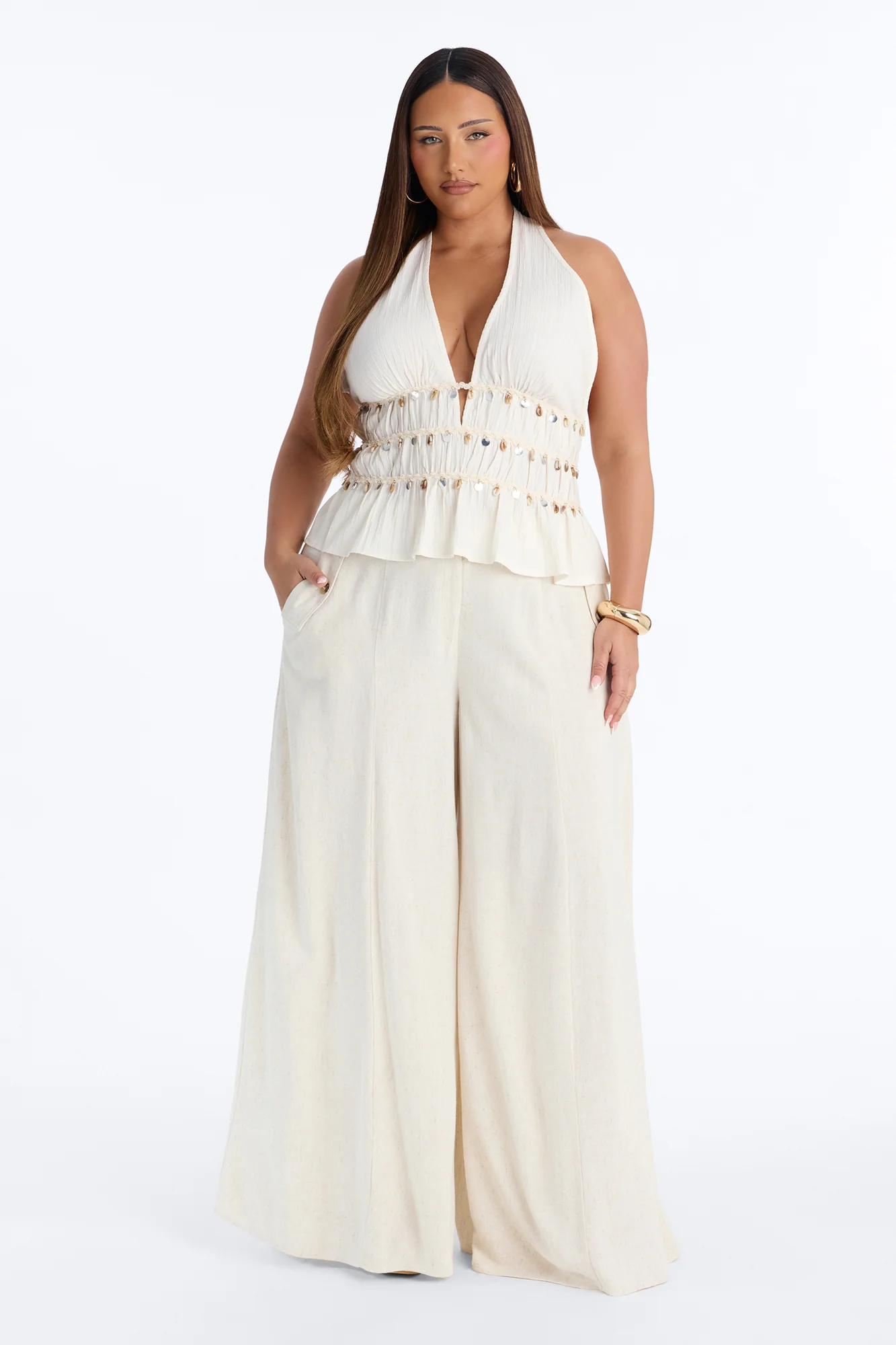 Aubrey High Rise Linen Wide Leg Pant 33″ - Natural - Image 4