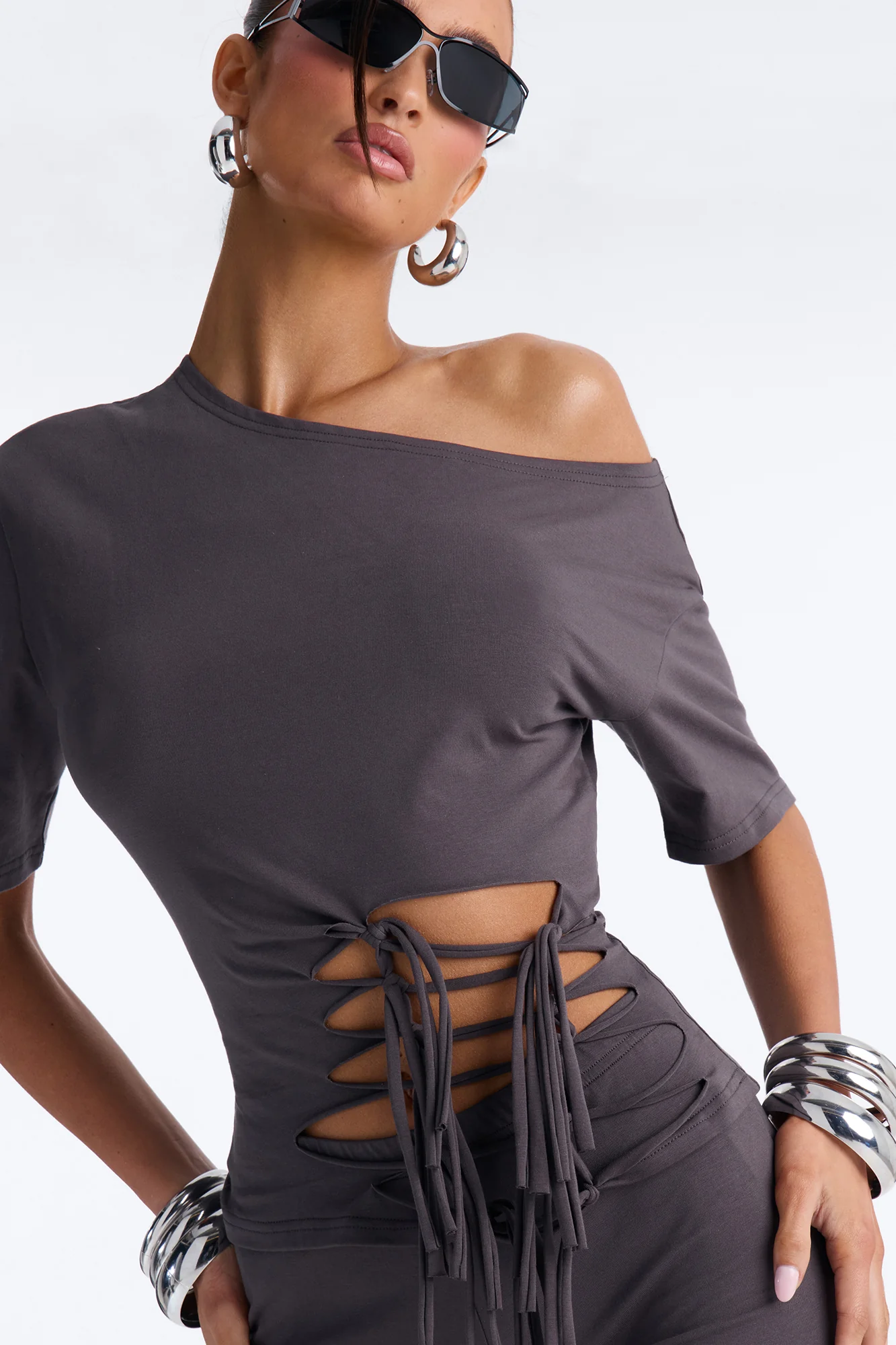 Audrey Cut Out Biker Short Set - Charcoal - Image 3