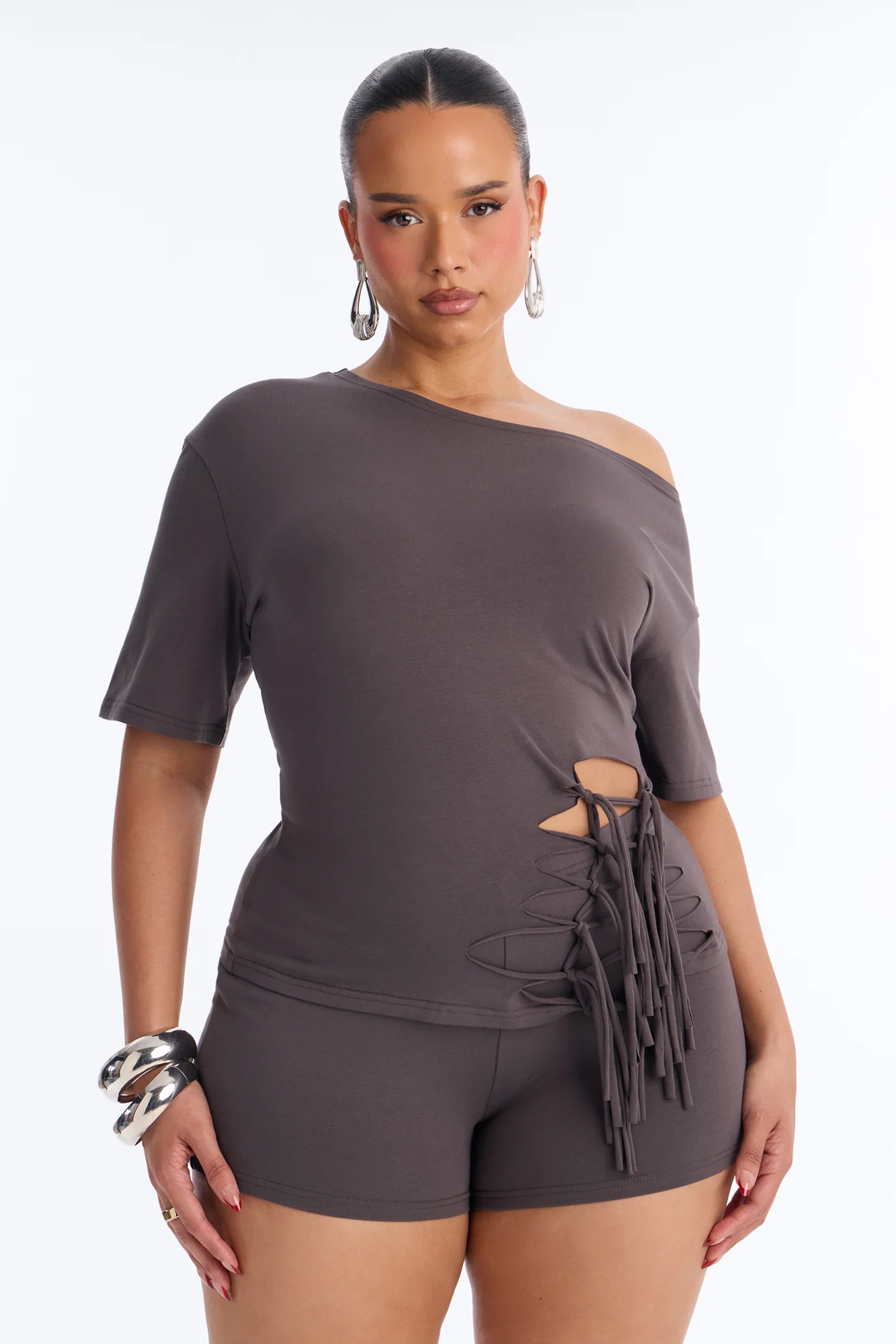 Audrey Cut Out Biker Short Set - Charcoal - Image 5