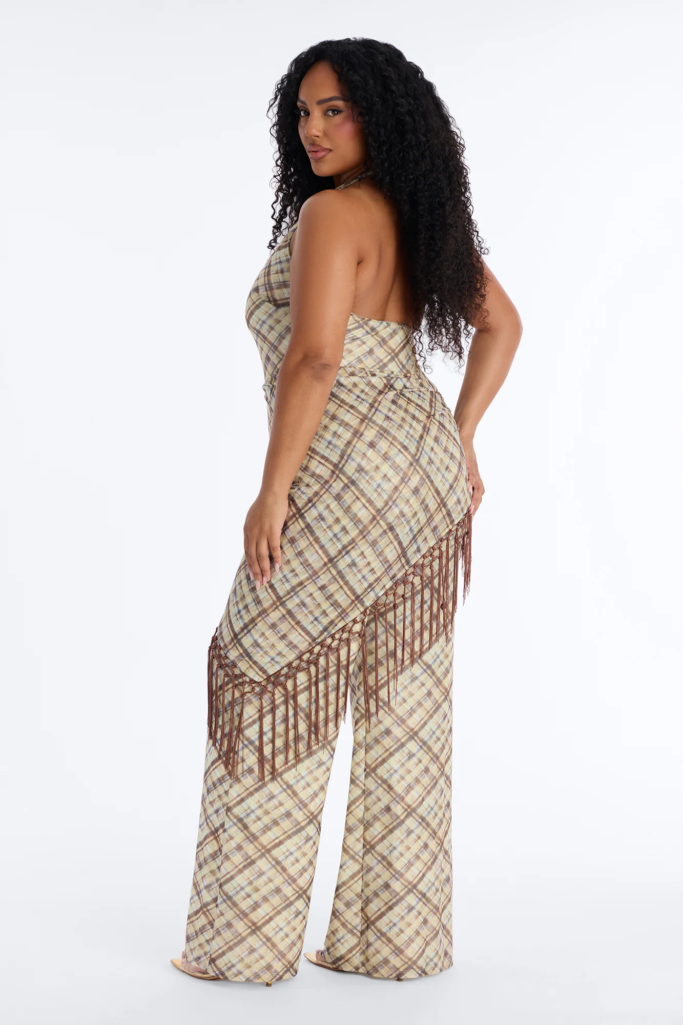 Ava Mesh Plaid Waist Scarf Jumpsuit - Brown - Image 10