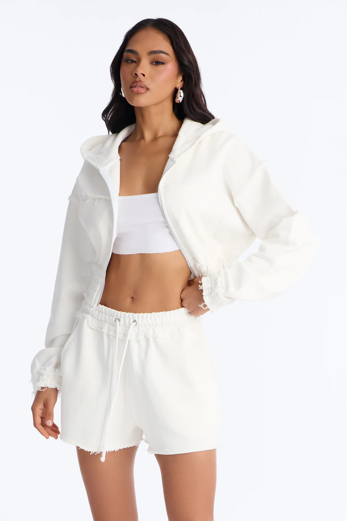 Avery French Terry Zip Up Short Set - White