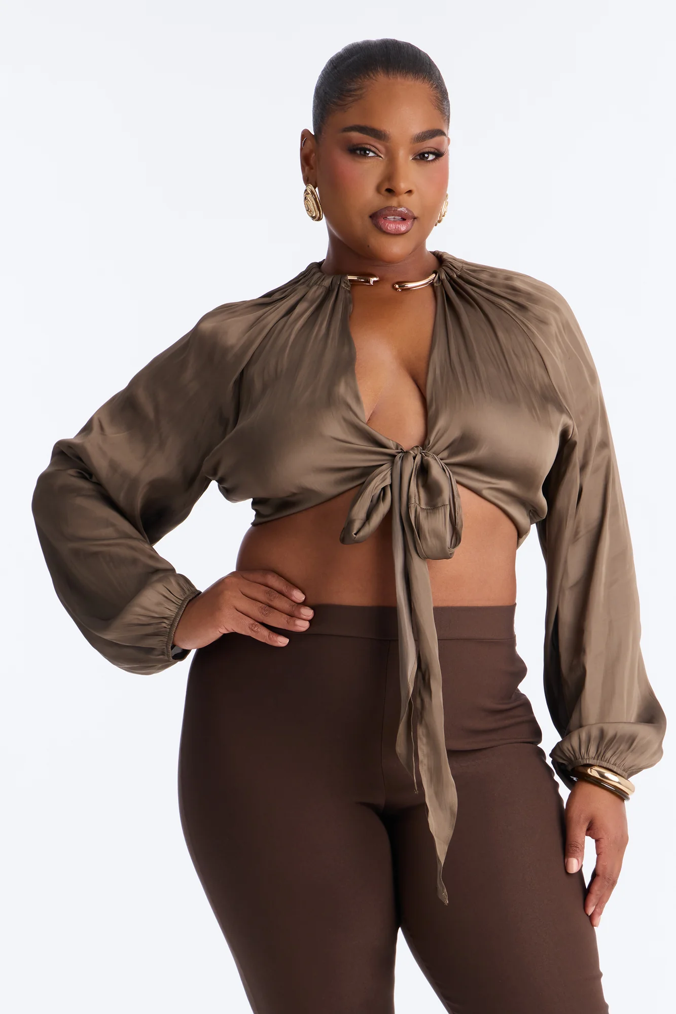 Azaria Hardware Neckline Satin Blouse - Olive - Image 5