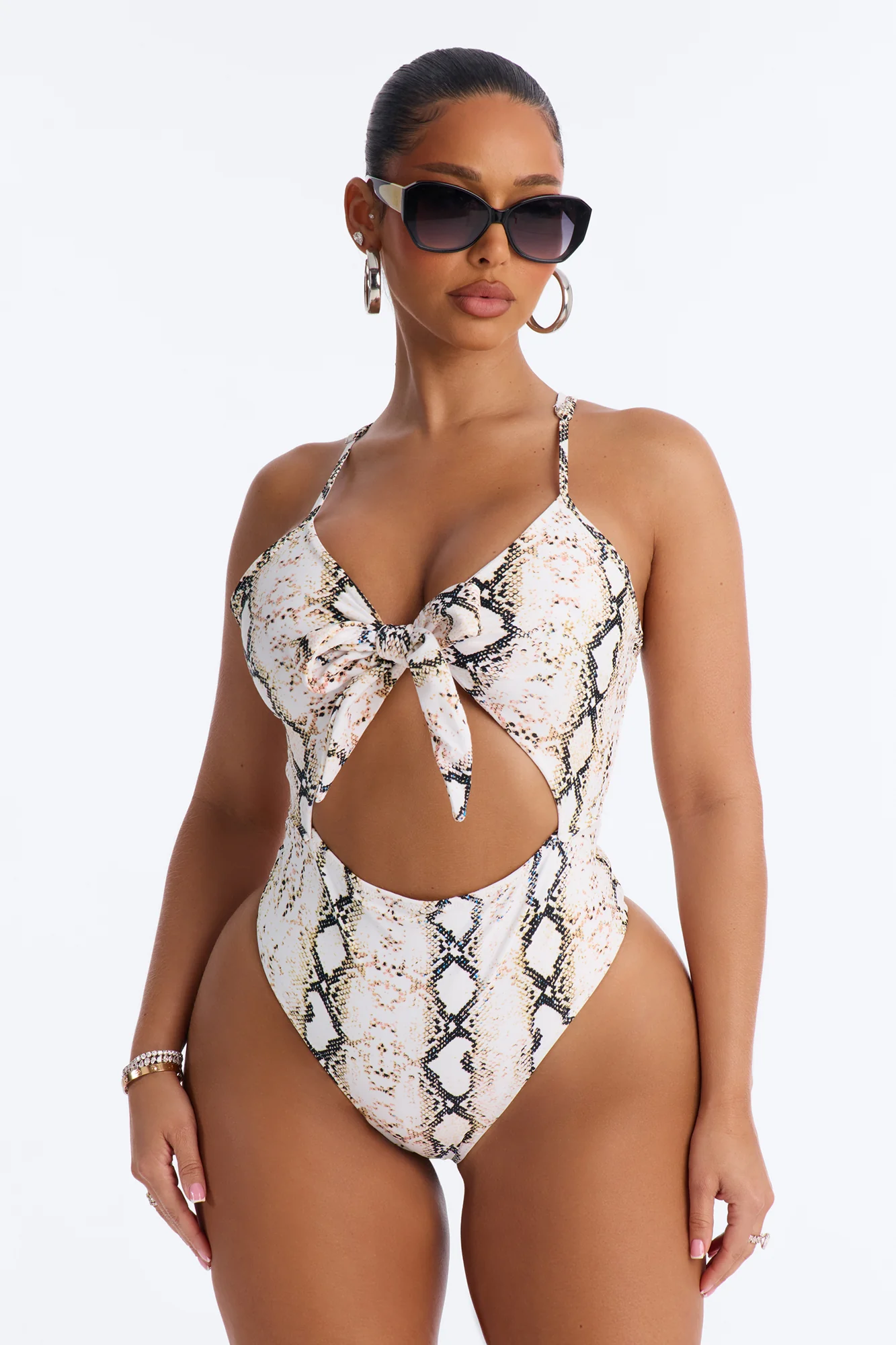 Back At It Snake Print 1 Piece Tie Front Swimsuit - White/combo