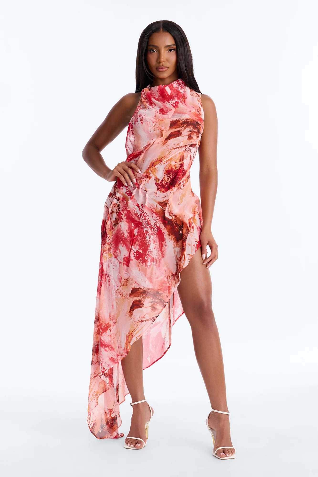 Bad Decisions Ruched Chiffon Maxi Dress - Coral/combo