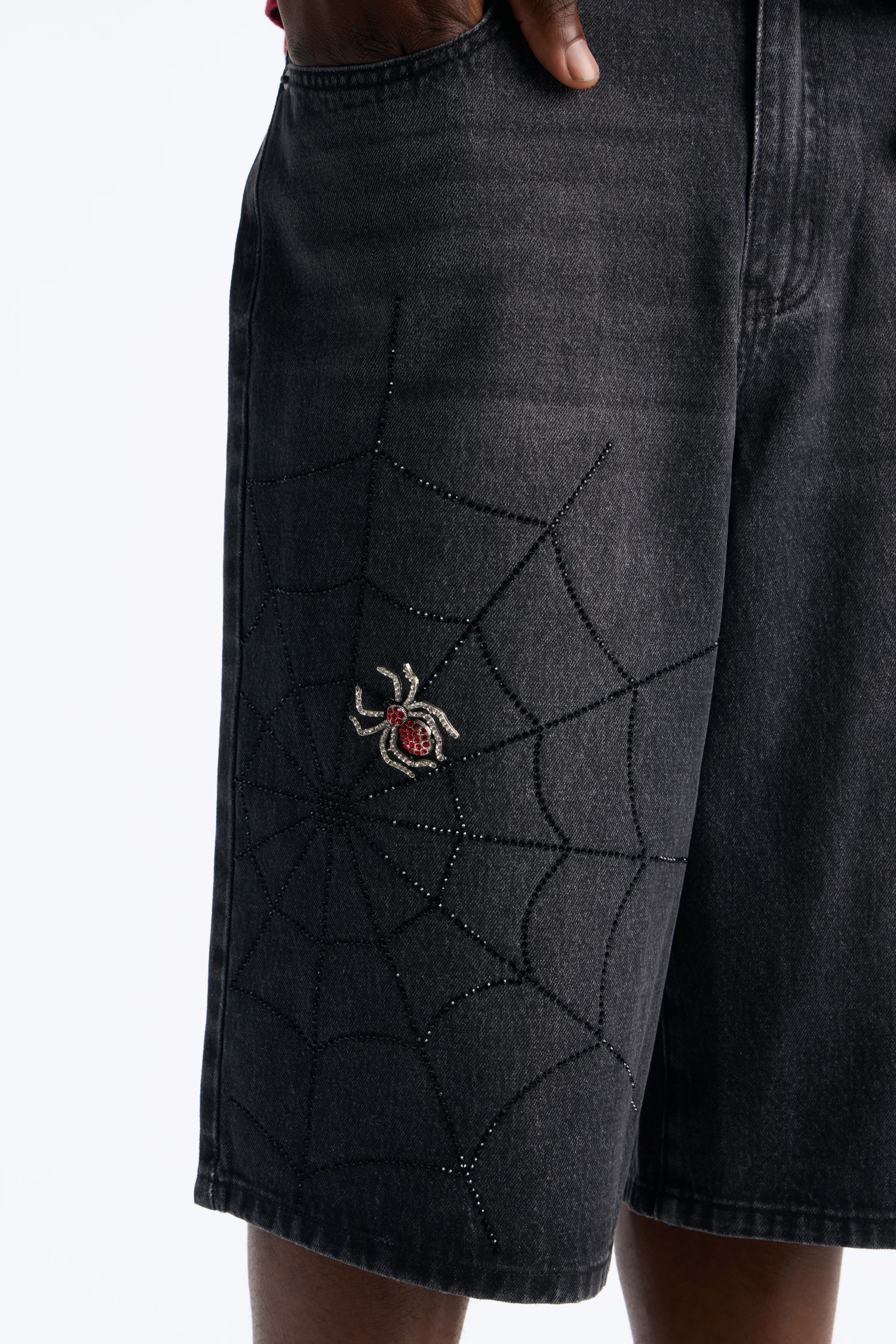 Baggy Black Widow Jeweled Denim Short - Black Wash - Image 3