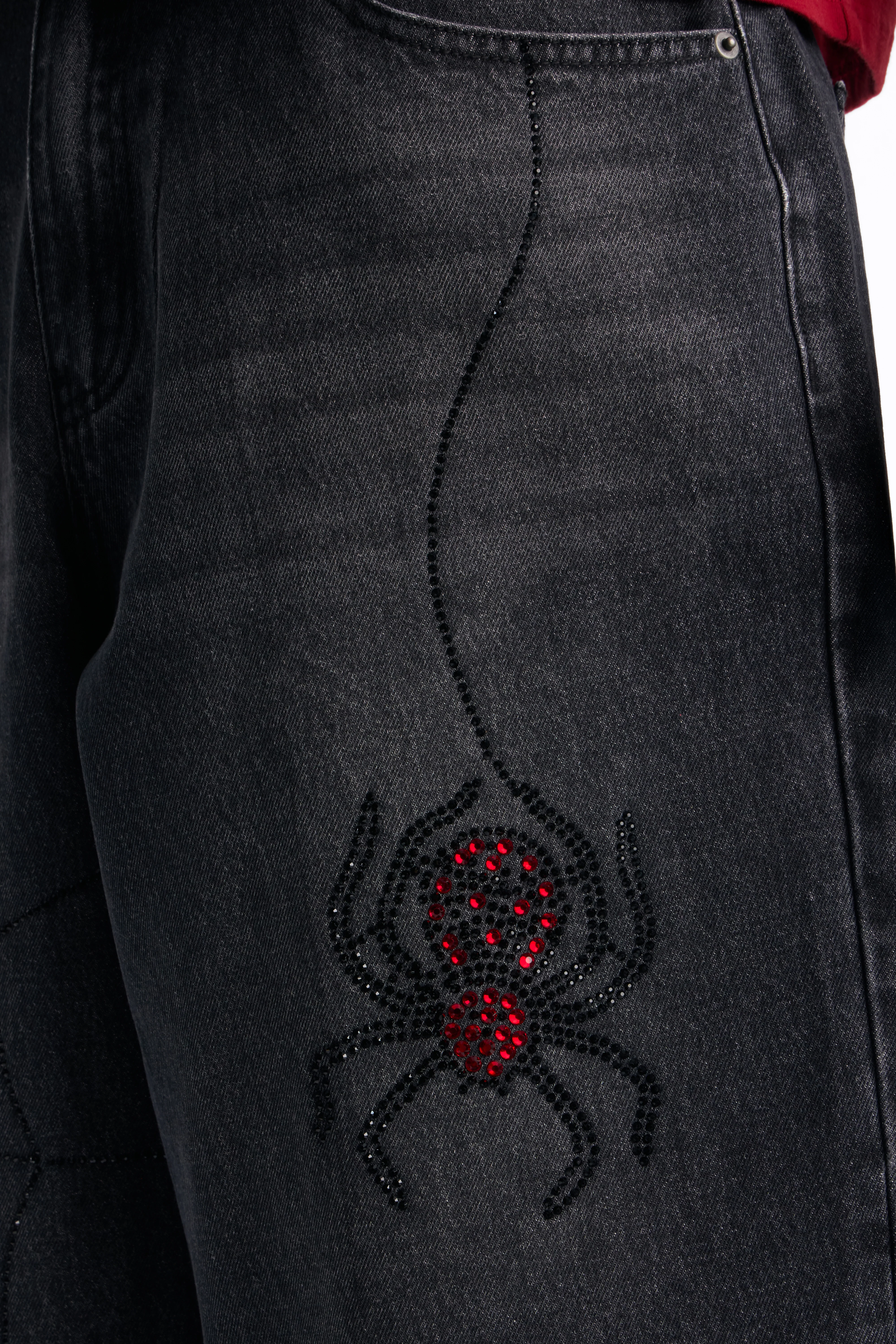 Baggy Black Widow Jeweled Denim Short - Black Wash - Image 4