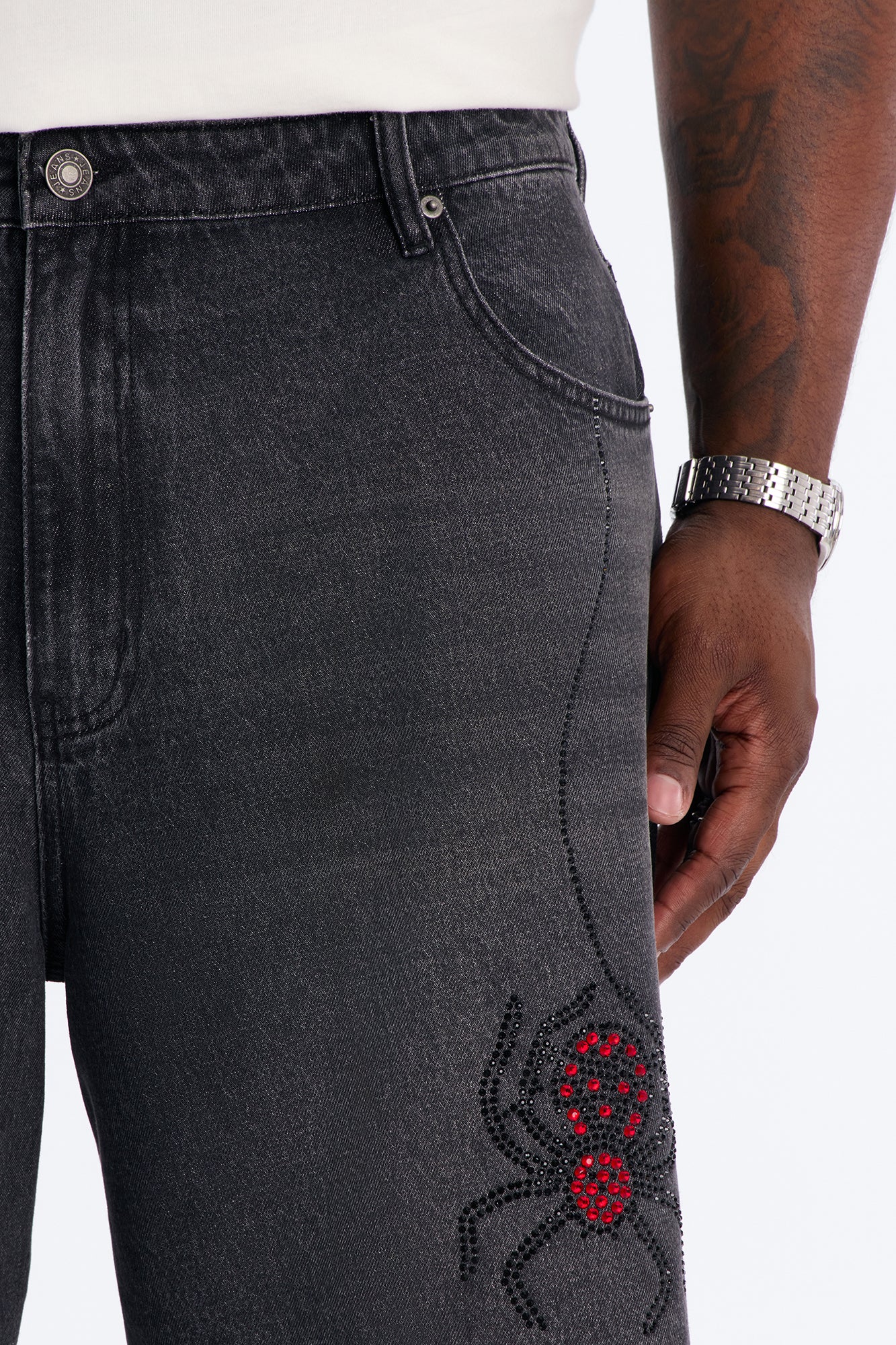 Baggy Black Widow Jeweled Denim Short - Black Wash - Image 9