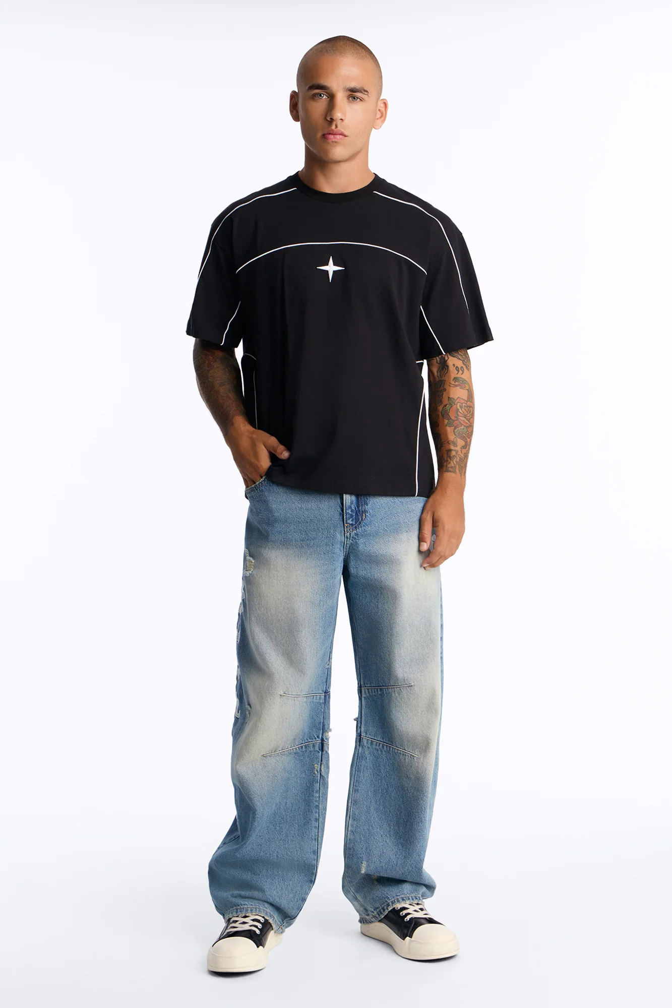 Baggy Blessed Script Embroidered Jean - Light Blue Wash - Image 2