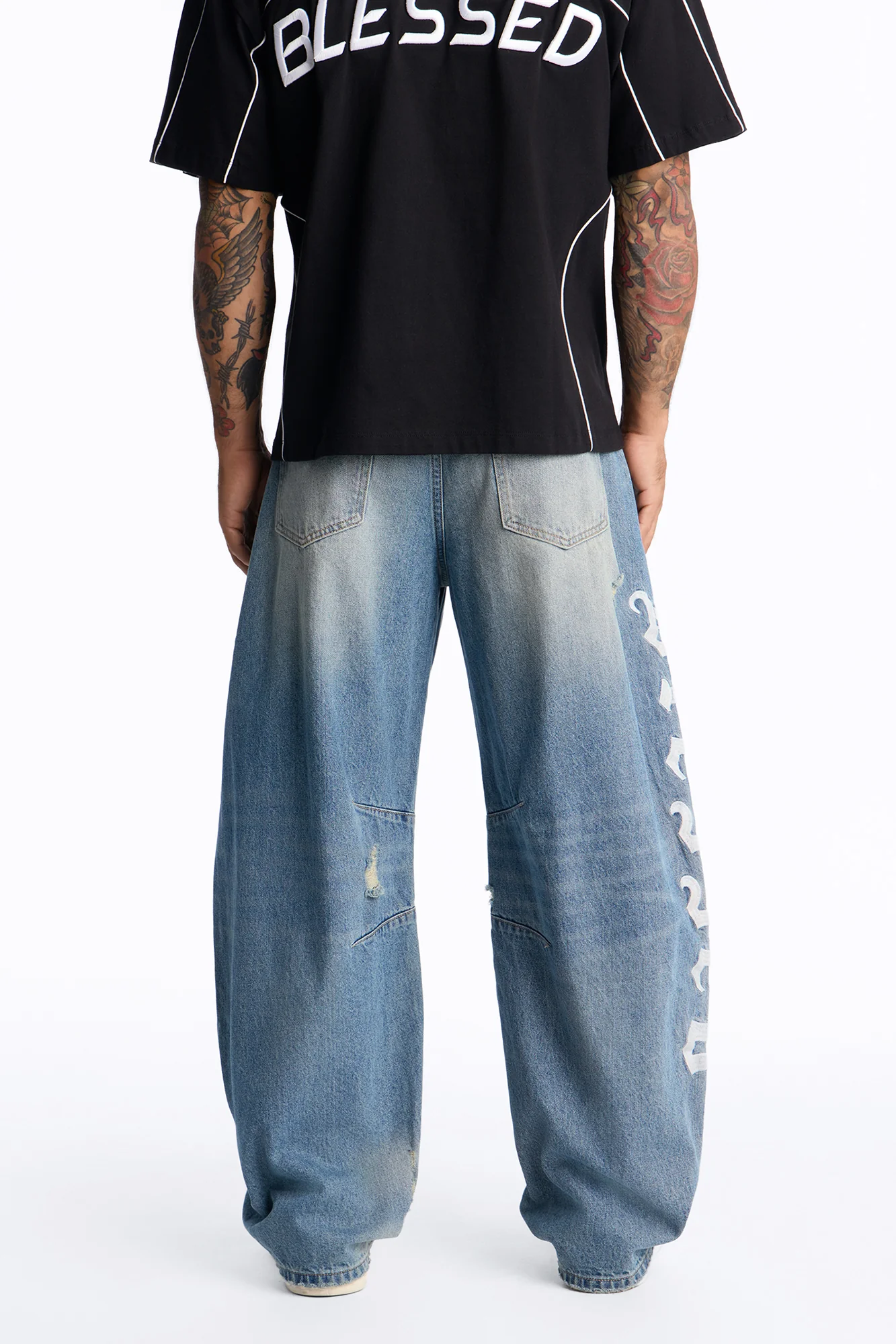 Baggy Blessed Script Embroidered Jean - Light Blue Wash - Image 4