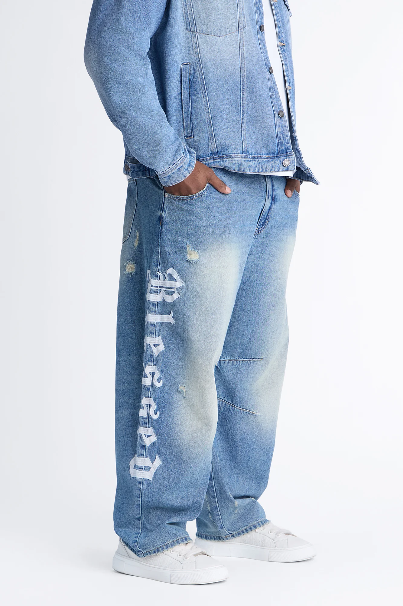 Baggy Blessed Script Embroidered Jean - Light Blue Wash - Image 5