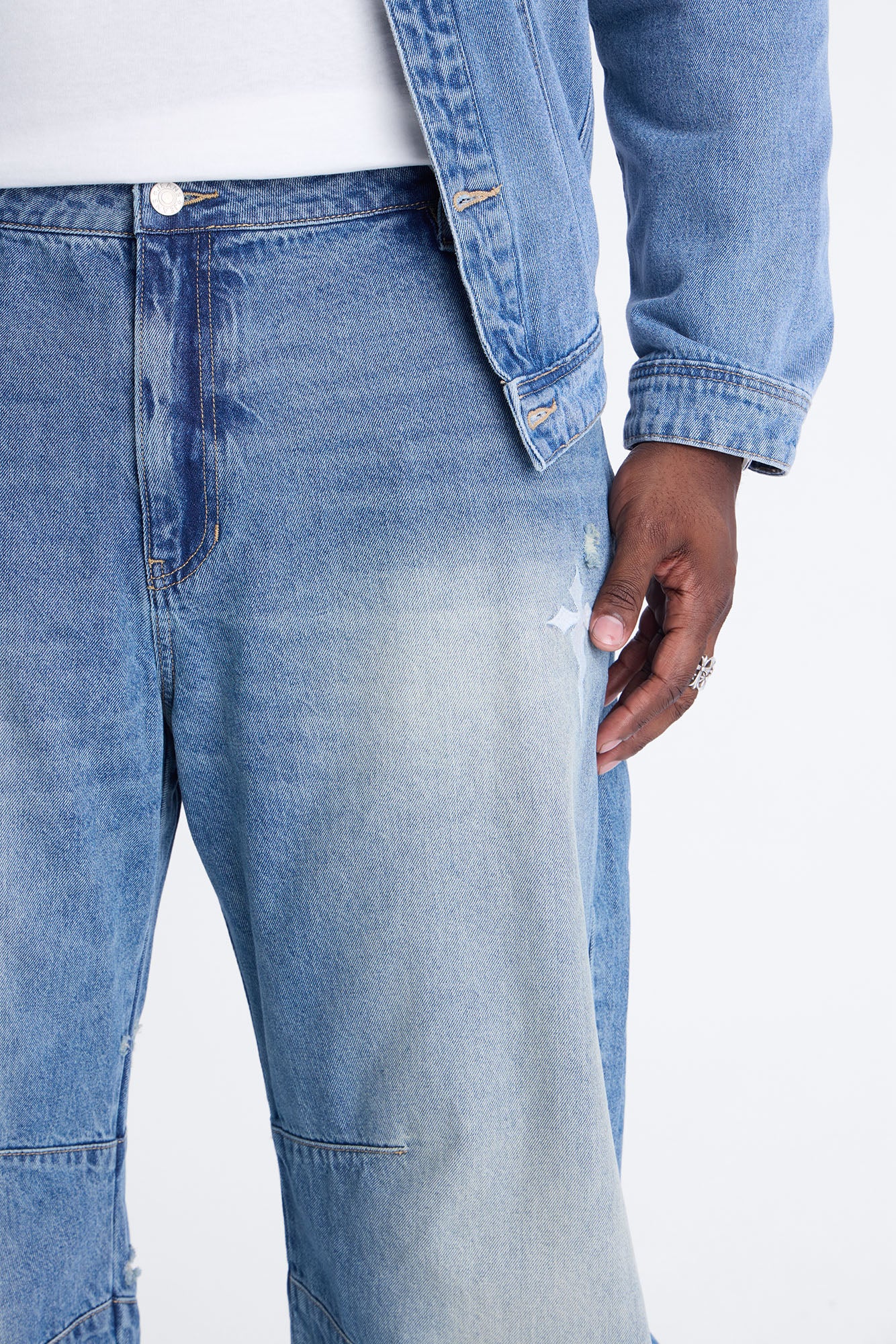 Baggy Blessed Script Embroidered Jean - Light Blue Wash - Image 7