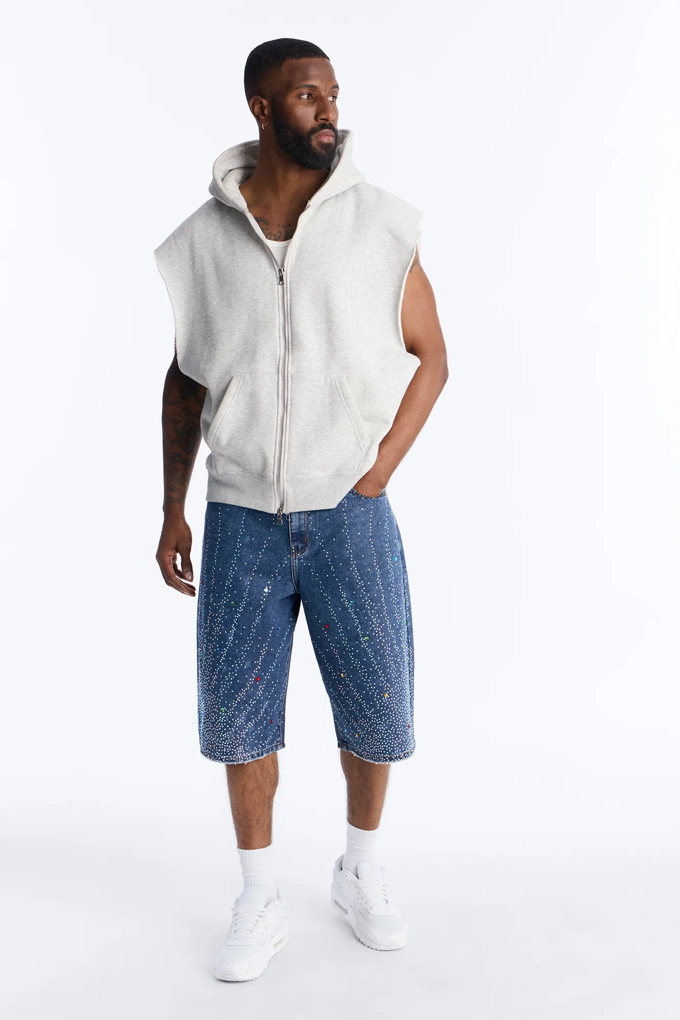 Baggy Cascade Jeweled Denim Shorts - Dark Wash - Image 2