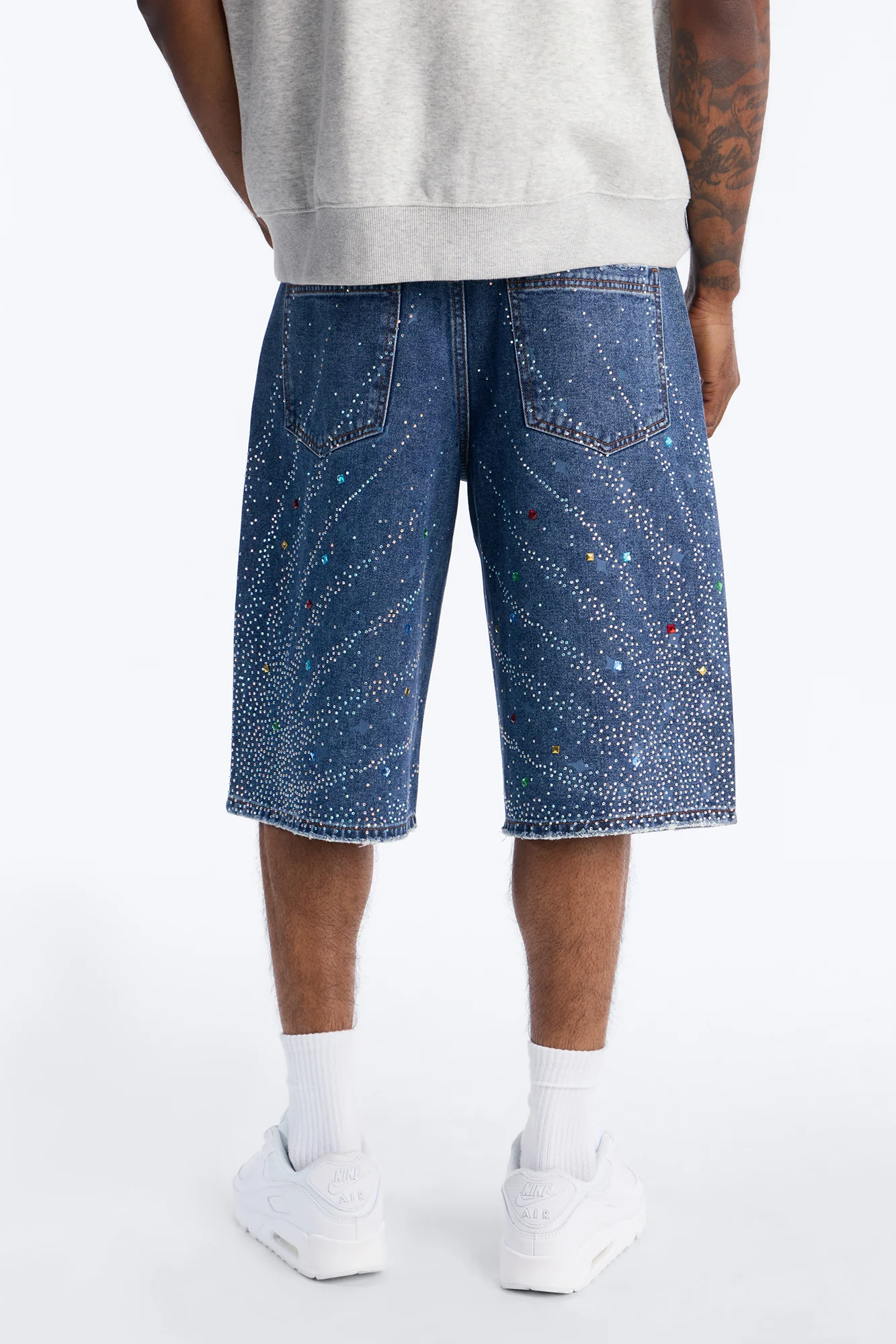Baggy Cascade Jeweled Denim Shorts - Dark Wash - Image 4