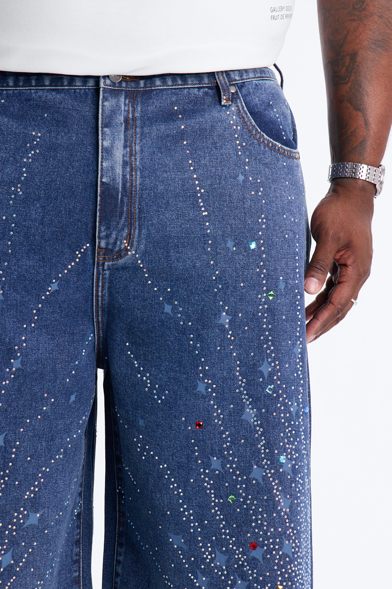Baggy Cascade Jeweled Denim Shorts - Dark Wash - Image 7