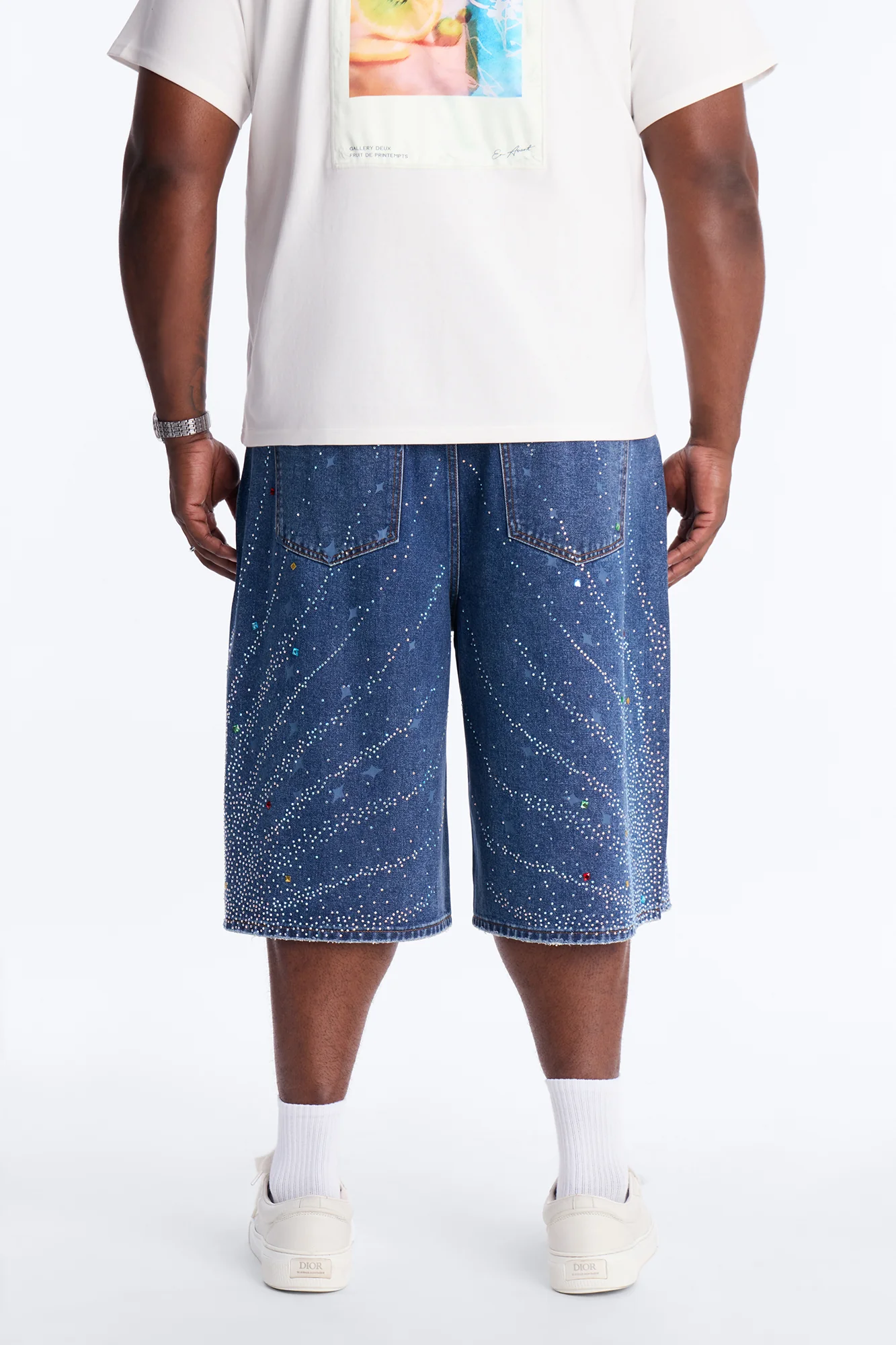 Baggy Cascade Jeweled Denim Shorts - Dark Wash - Image 8