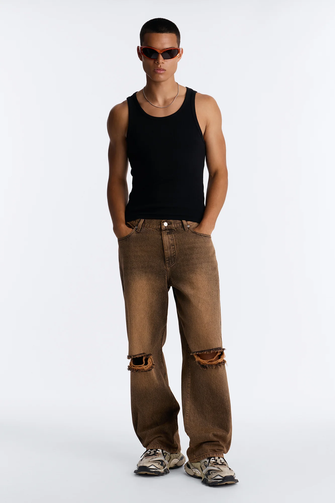 Baggy Classic Knee Slit Jean - Brown - Image 2