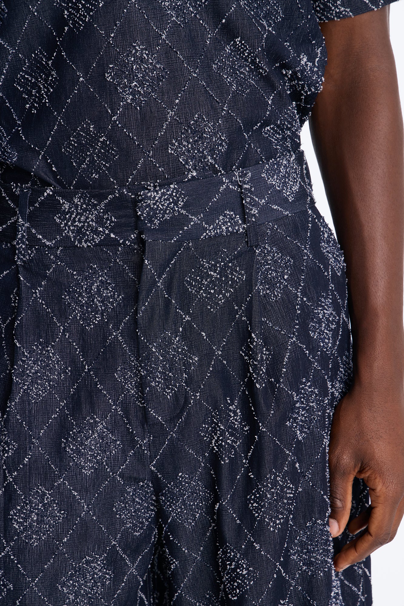 Baggy Diamond Frayed Jacquard Long Short - Navy - Image 3