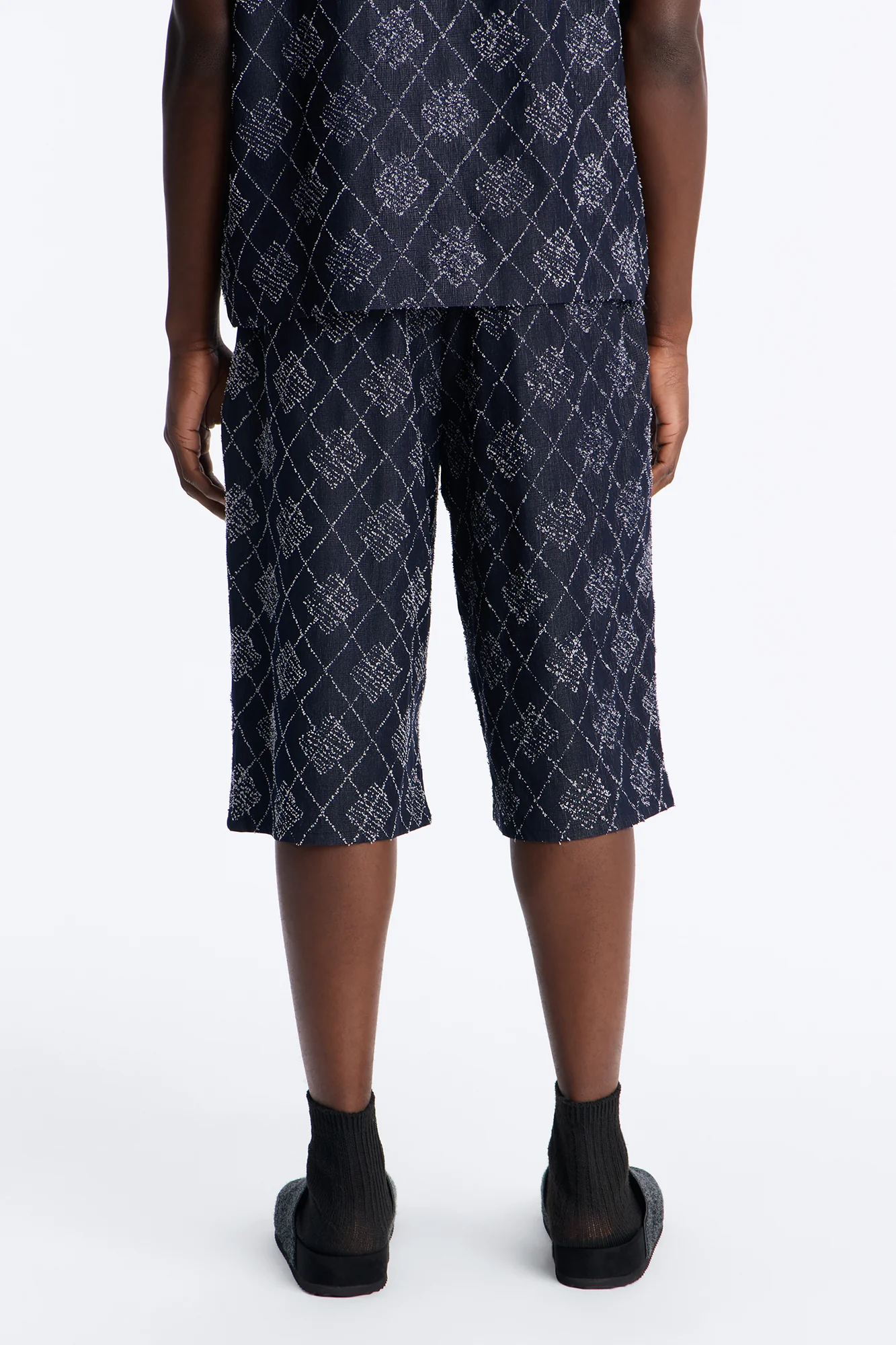 Baggy Diamond Frayed Jacquard Long Short - Navy - Image 4
