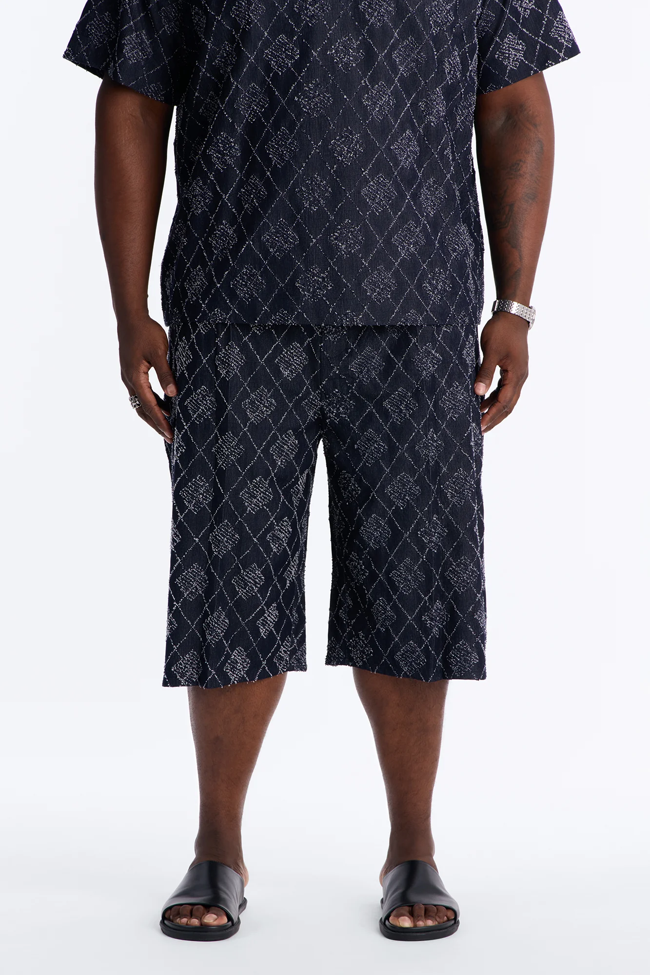 Baggy Diamond Frayed Jacquard Long Short - Navy - Image 5