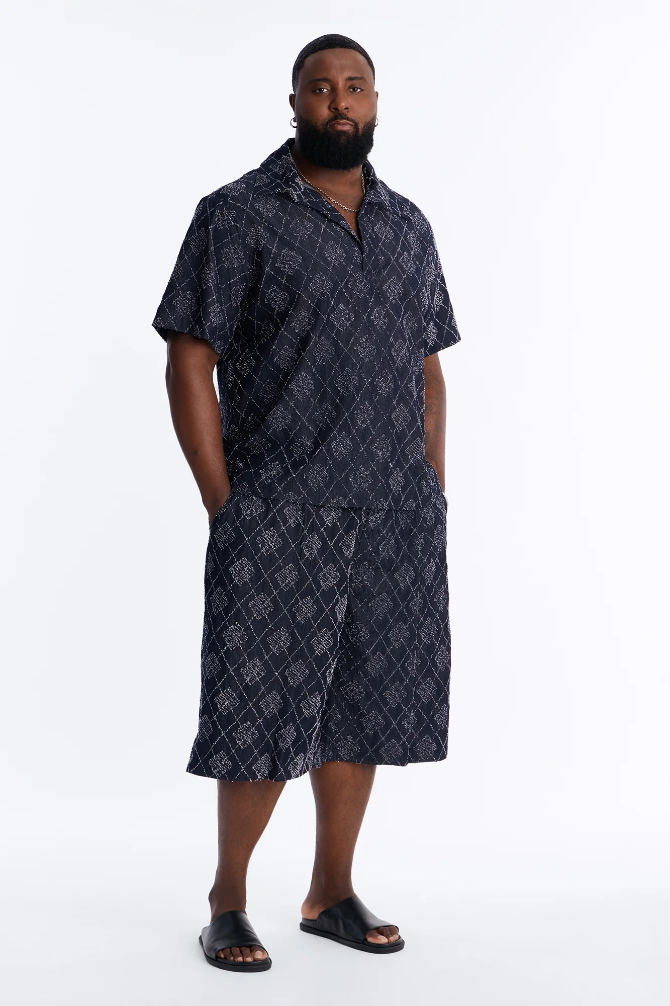 Baggy Diamond Frayed Jacquard Long Short - Navy - Image 6