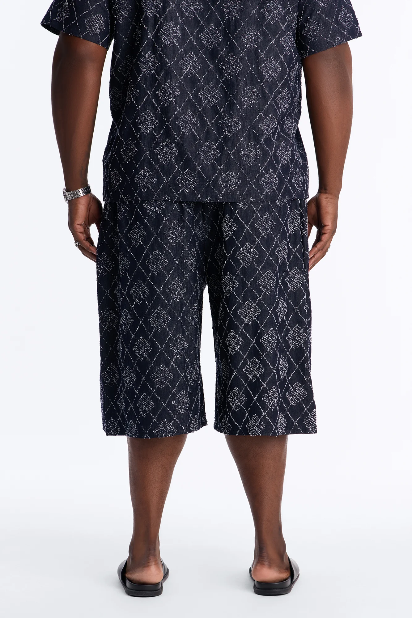 Baggy Diamond Frayed Jacquard Long Short - Navy - Image 8