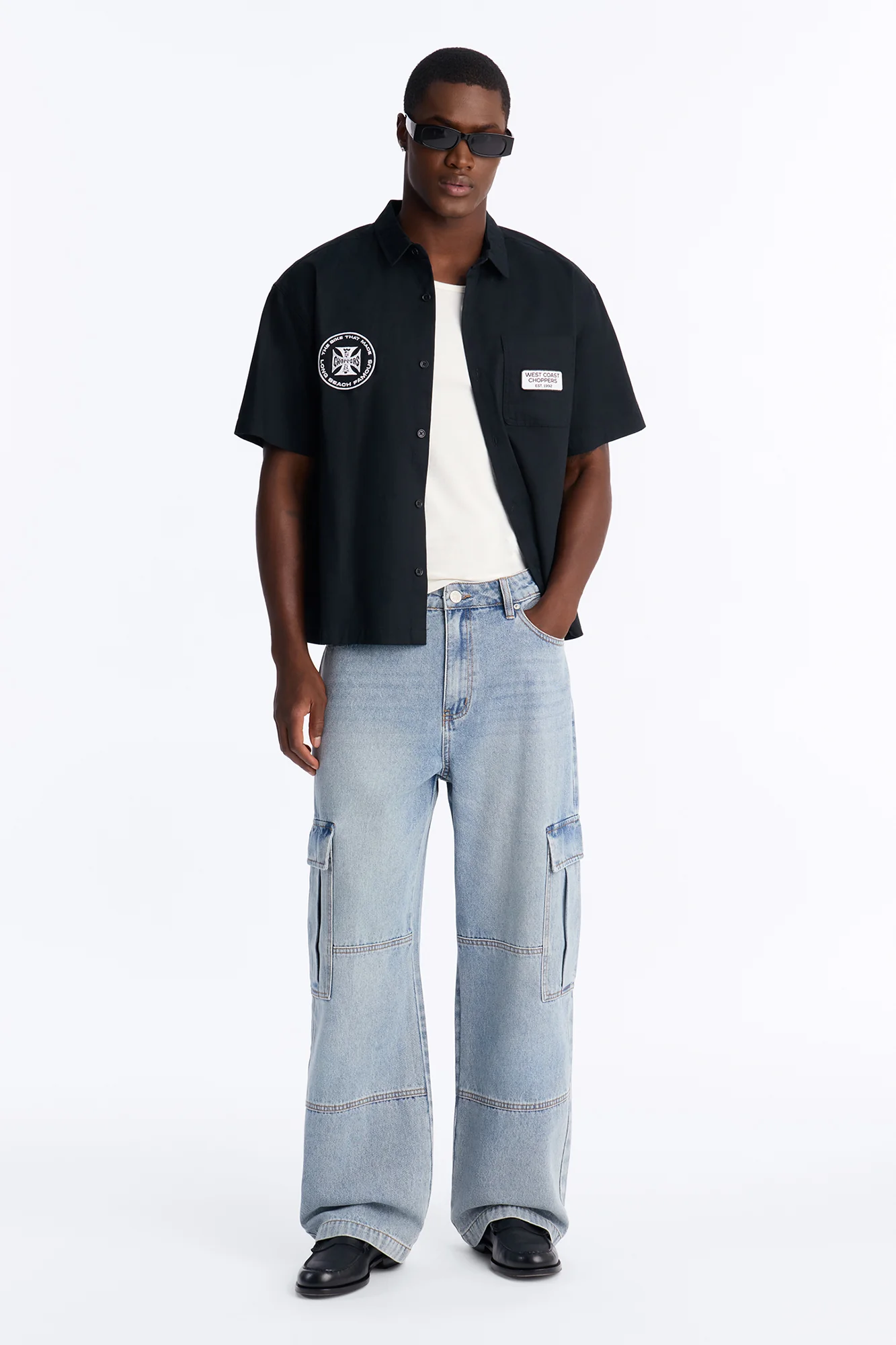 Baggy Minor Panel Cargo Jeans - Medium Blue Wash - Image 2