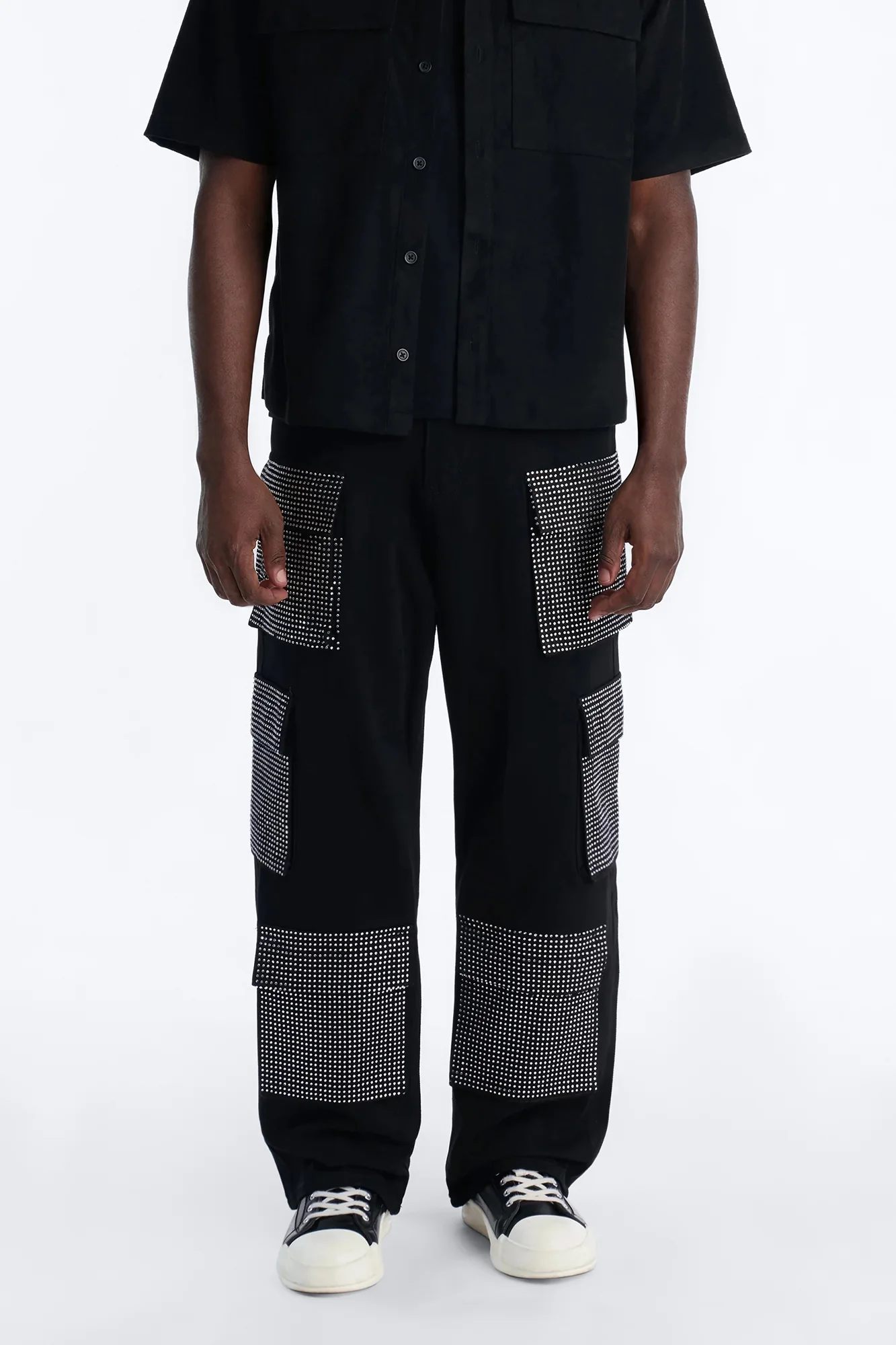 Baggy Rhinestone Combat Cargo Jean - Black Wash