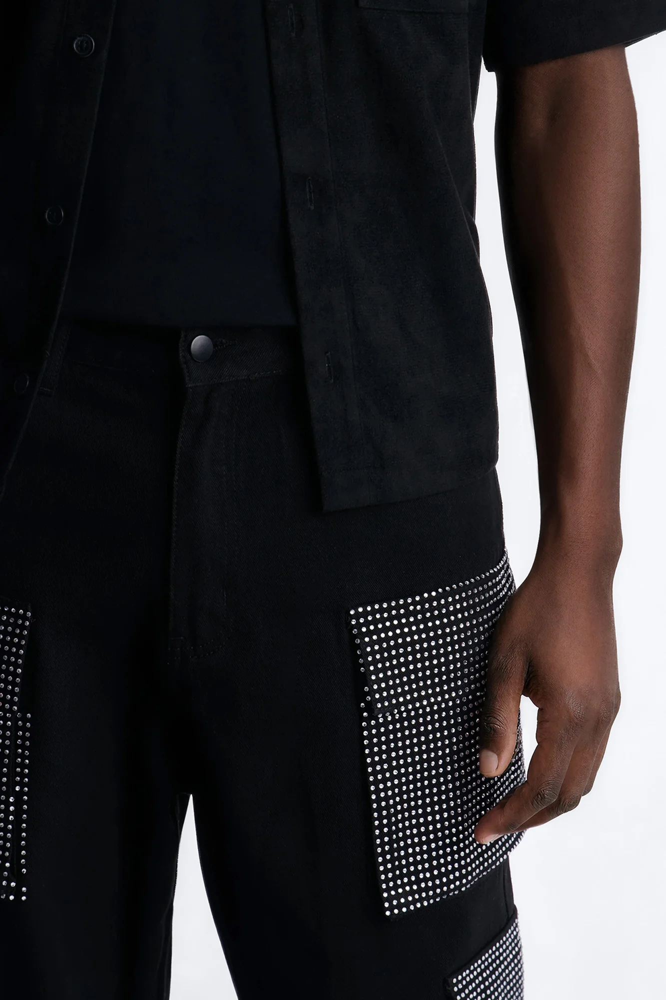 Baggy Rhinestone Combat Cargo Jean - Black Wash - Image 3